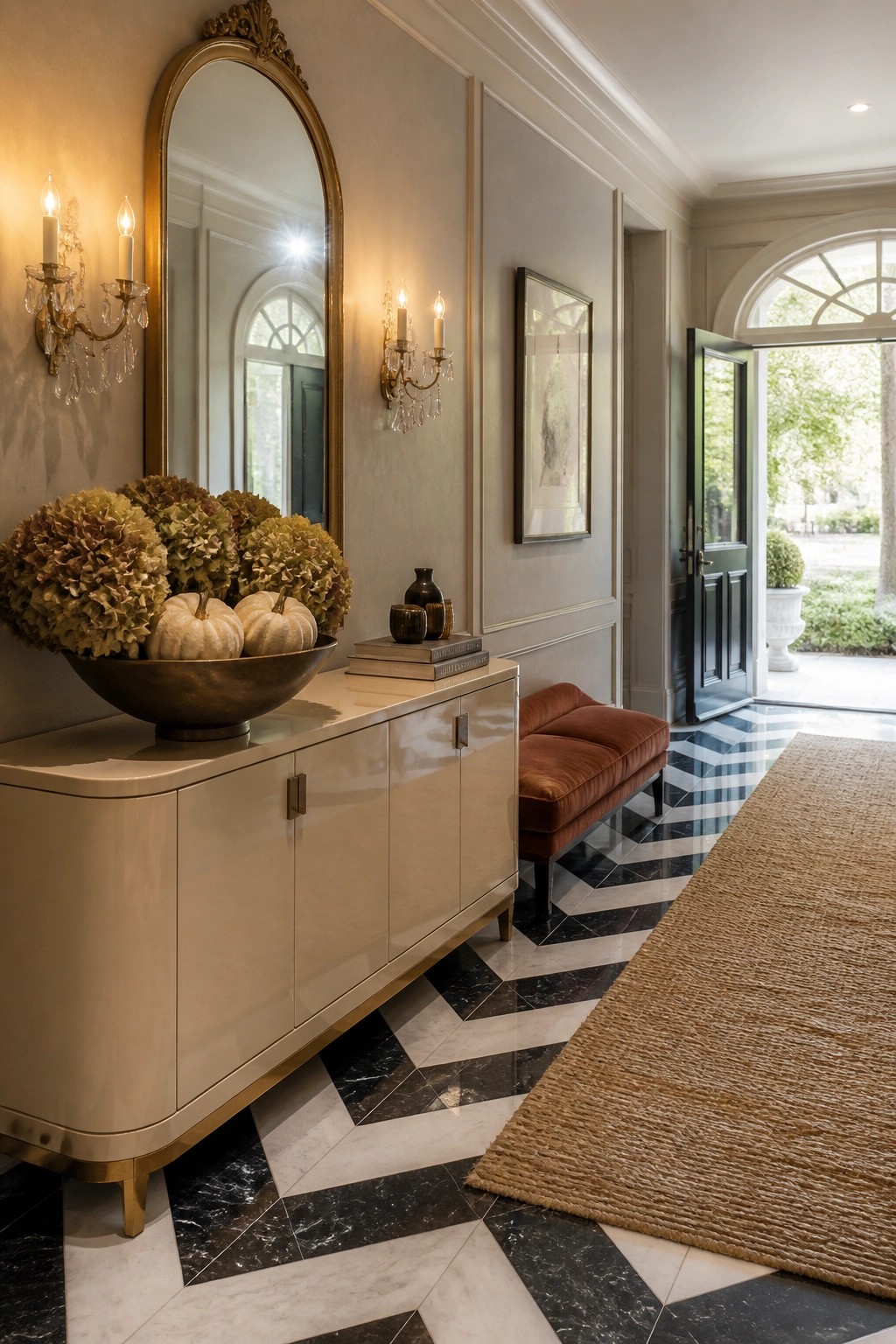 An entryway featuring a beige console table topped with a large bronze bowl filled with white pumpkins and dried hydrangeas, positioned beneath a tall gold-framed mirror.