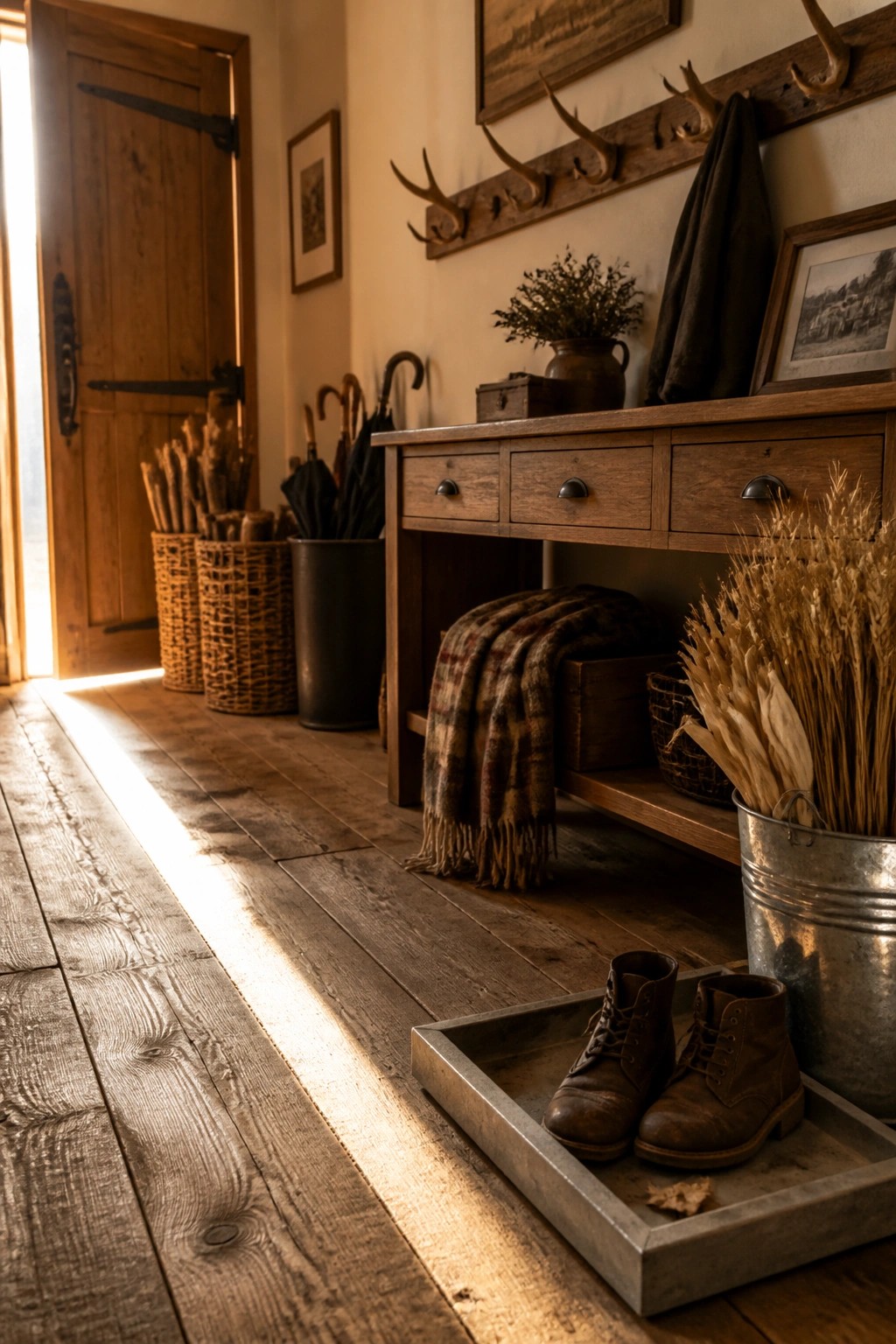 A wooden entryway console table with drawers above and open lower shelving holding a plaid blanket, next to boots in a metal tray on the floor.