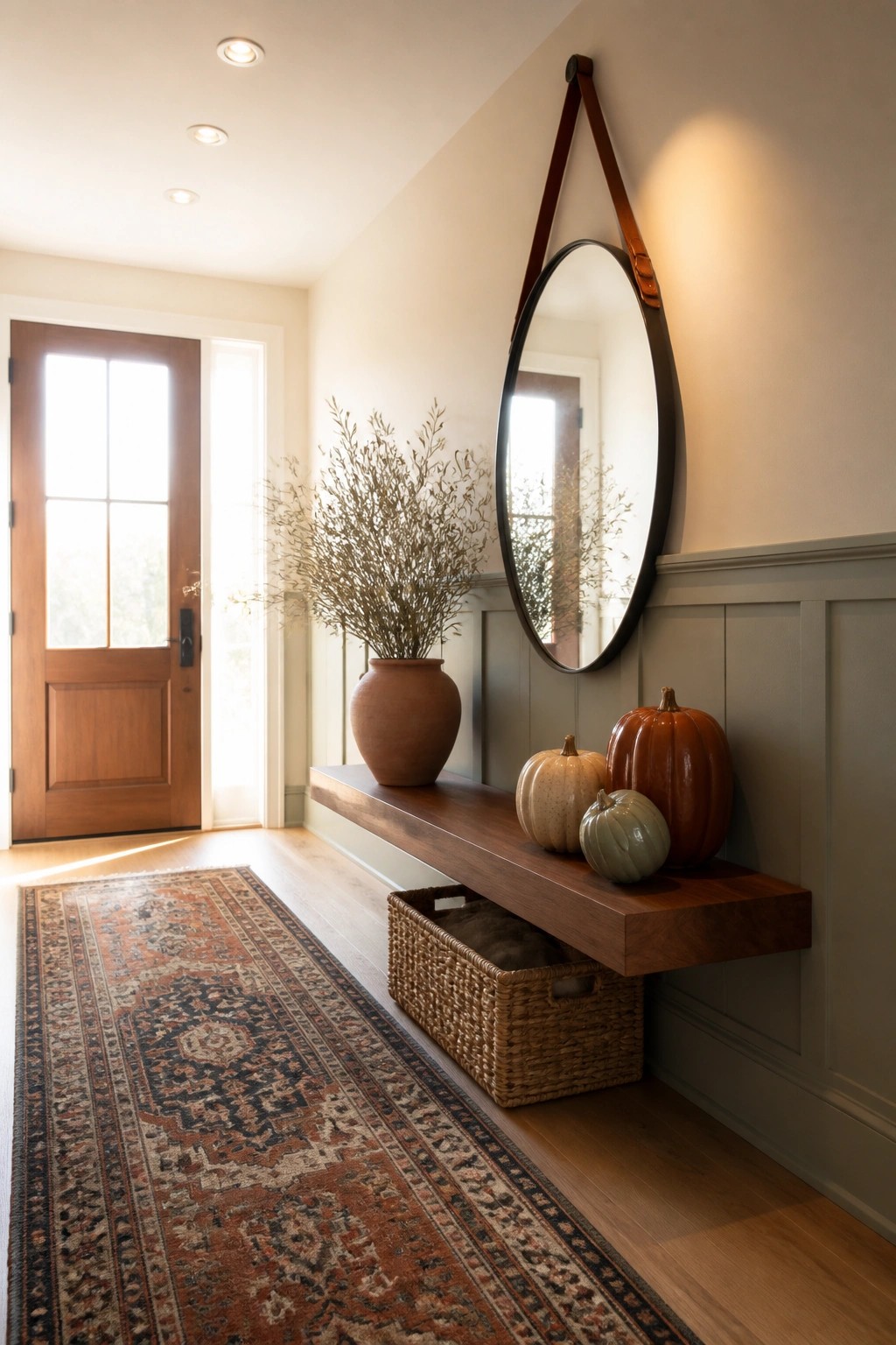 An interior entryway with a floating wooden bench holding three pumpkins and a terracotta vase of dried branches, a round mirror hanging on a leather strap above the bench, wainscoting on the wall, and a patterned runner rug on the wood floor.