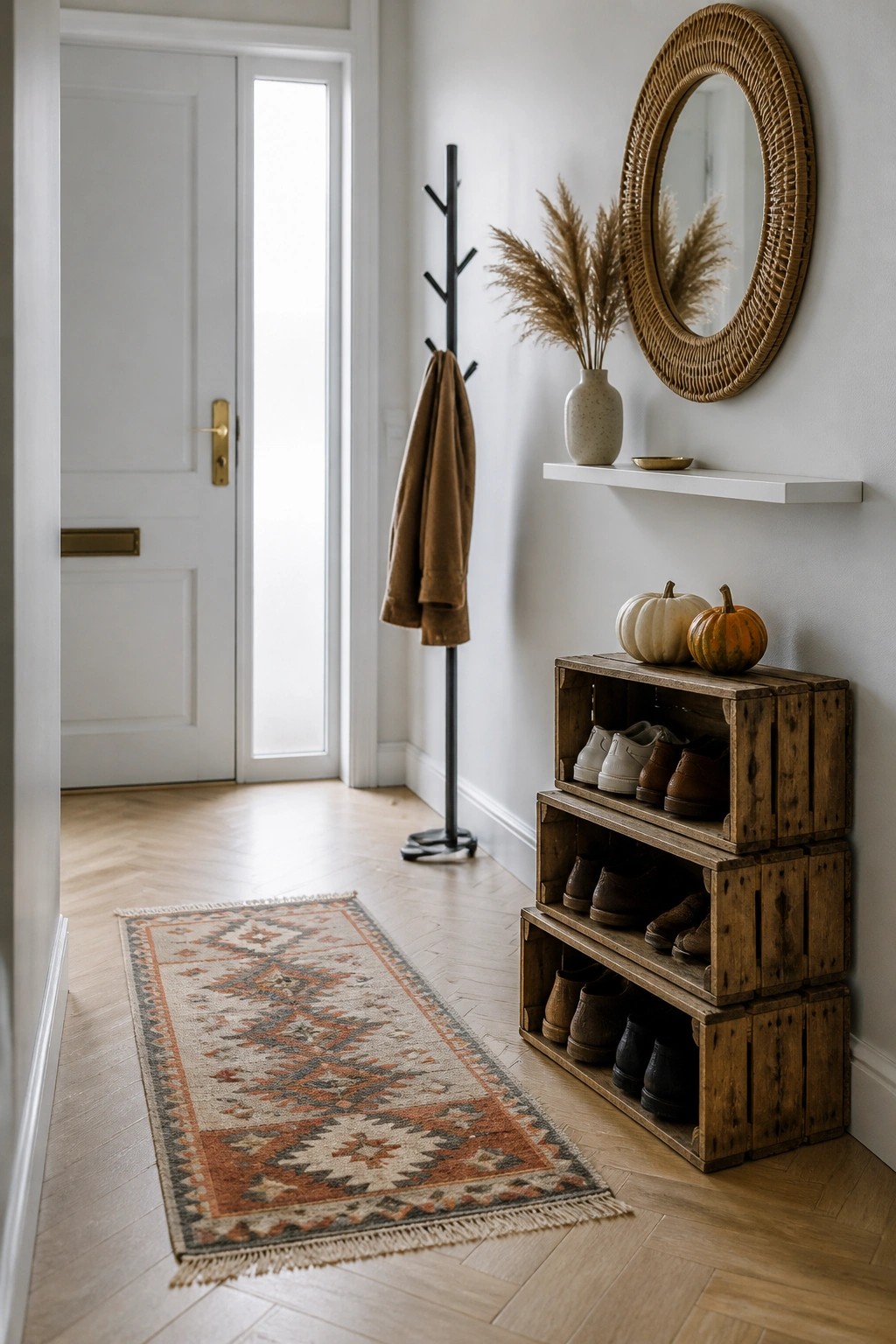 An interior entryway featuring stacked wooden crates used as shoe shelves, a patterned runner rug, a black coat rack with a brown jacket, and a white shelf holding a vase and small pumpkins.