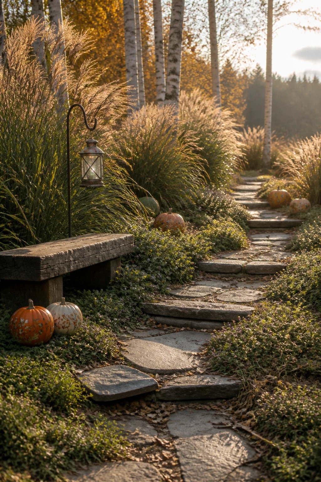 A winding stone path runs through tall autumn grasses and scattered pumpkins, with a wooden bench and metal lantern on the left side.