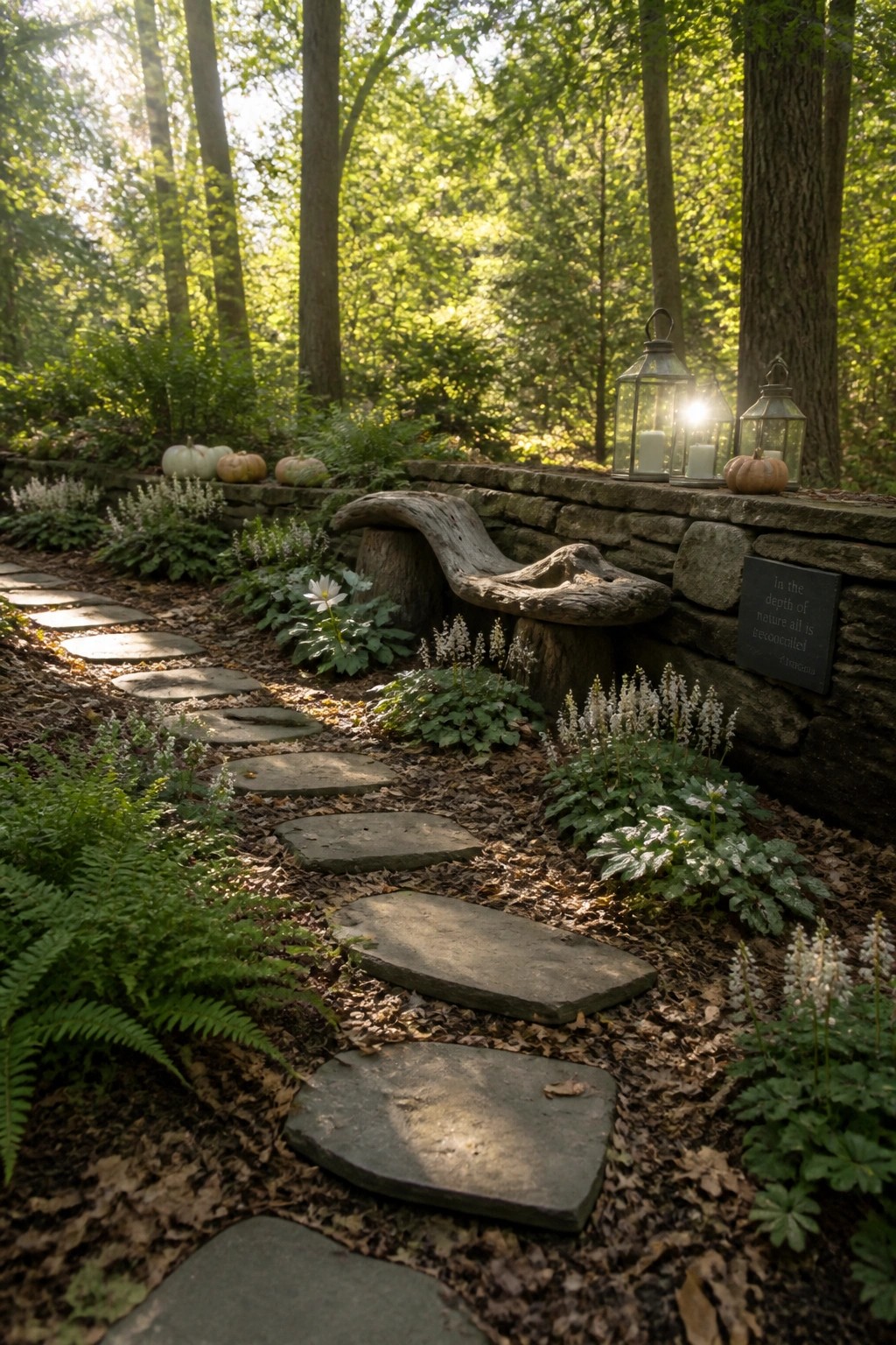 Winding stone path through forest with log bench, lanterns, and pumpkins on wall