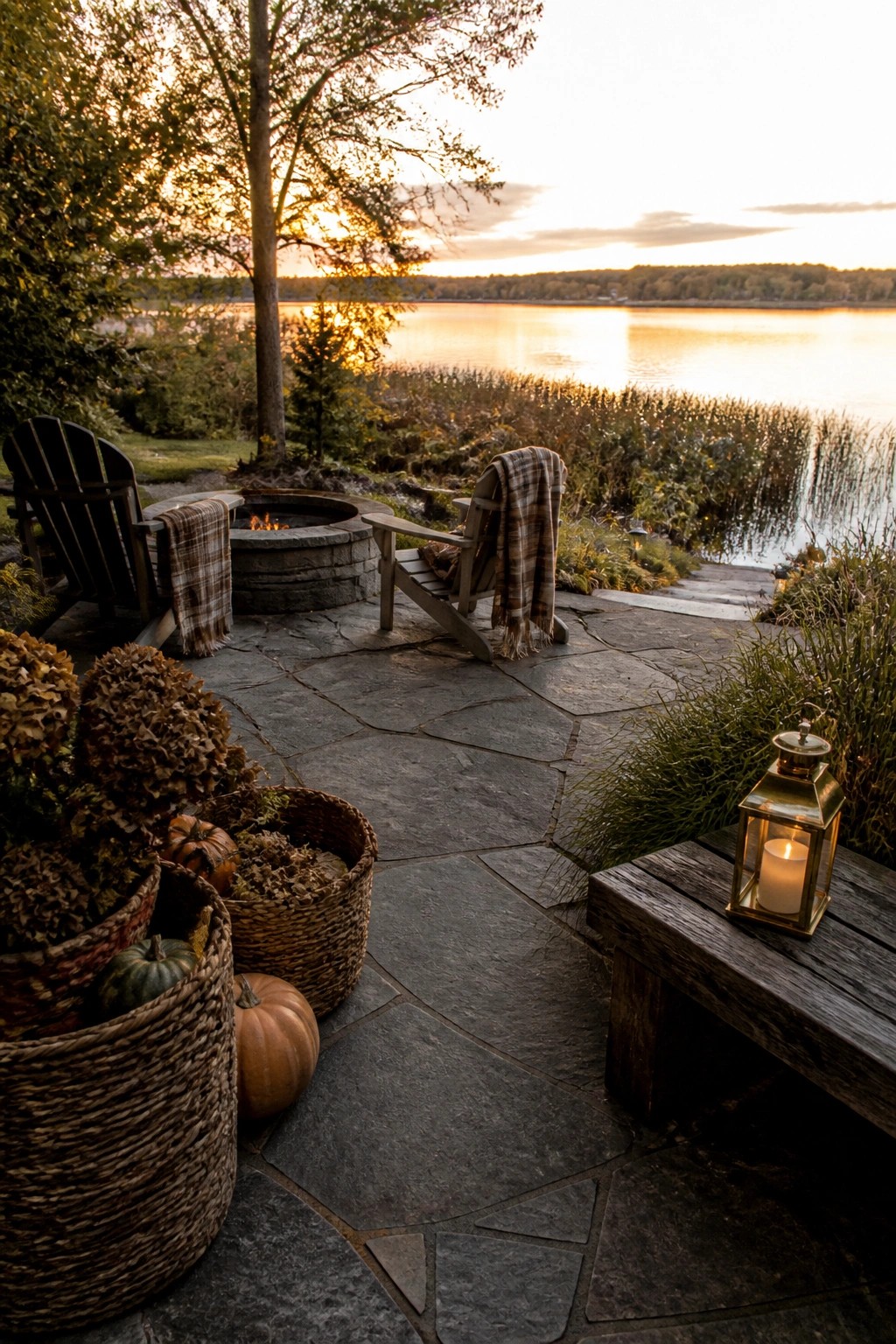 A stone patio features Adirondack chairs arranged around a lit fire pit, with woven baskets holding pumpkins nearby and a lake visible in the background at sunset.