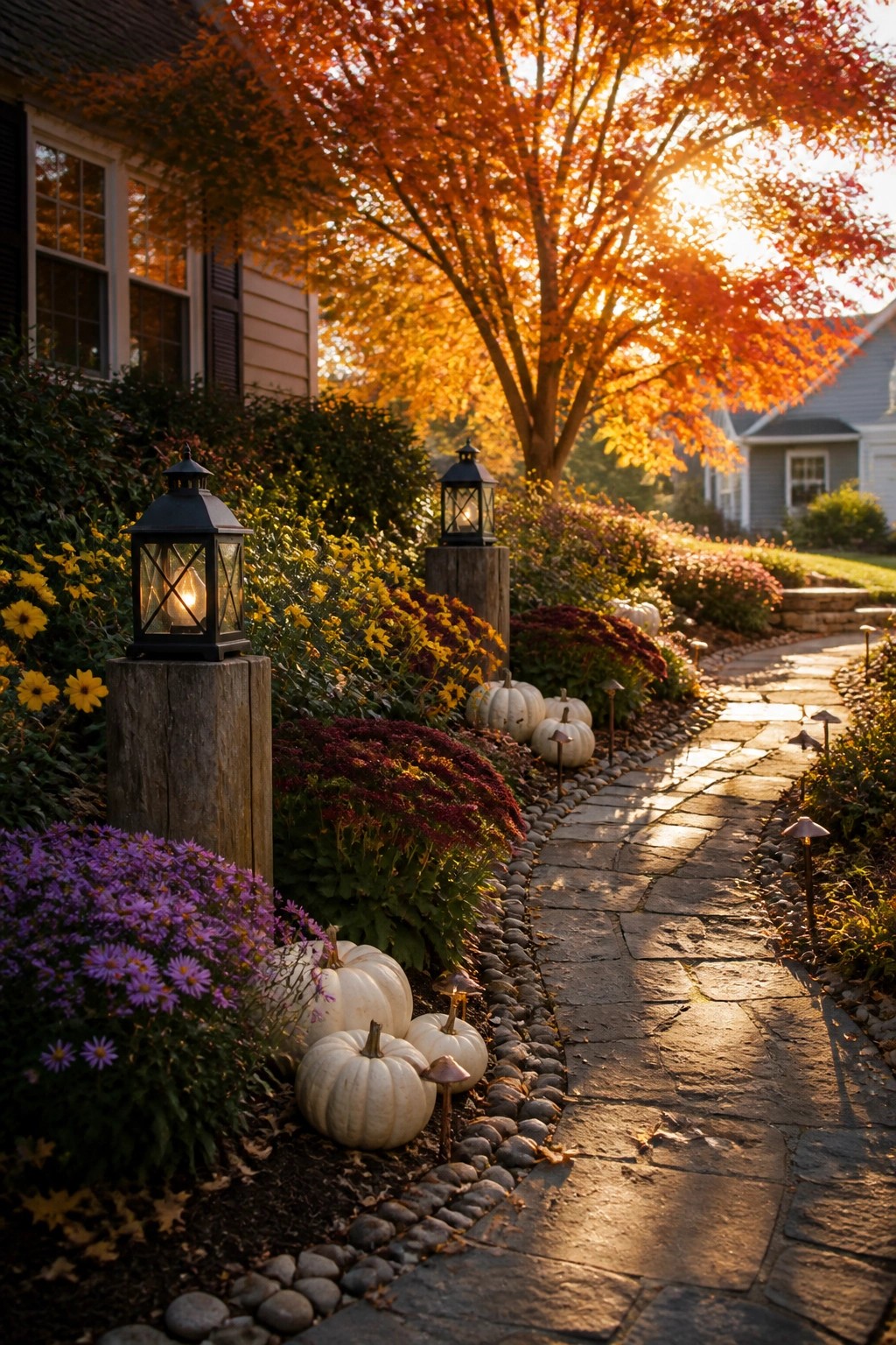 A stone path runs beside flower beds filled with yellow and purple chrysanthemums, white pumpkins, and black lanterns mounted on wooden posts, with autumn trees in the background.