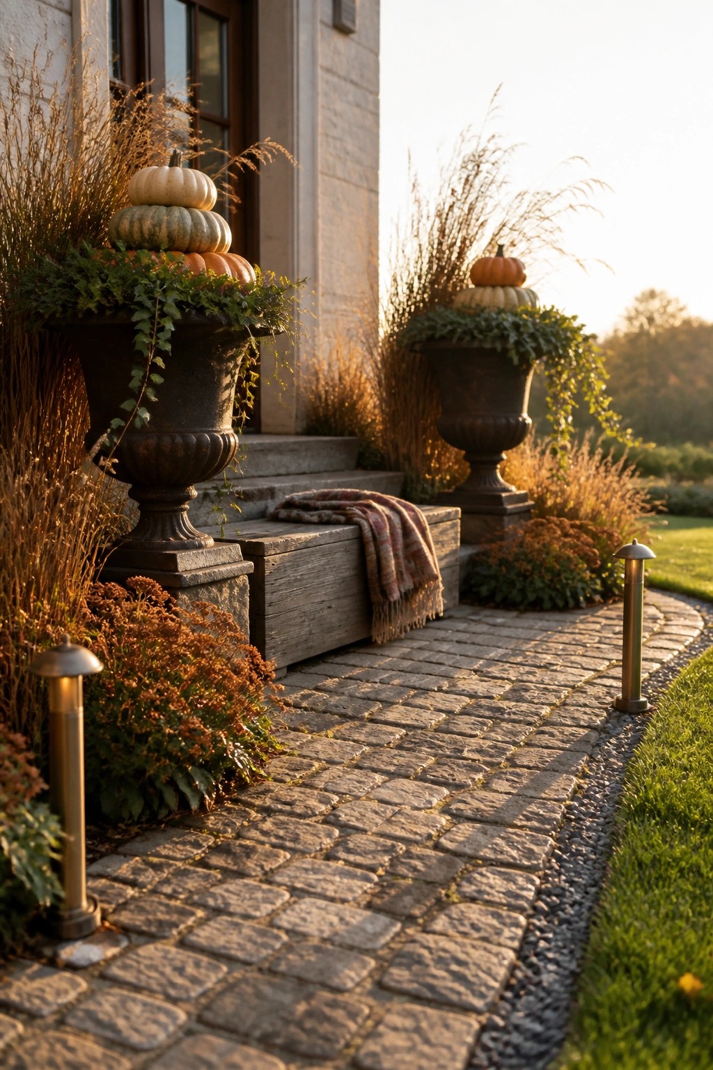 A cobblestone path curves toward stone steps, bordered by two large dark urns holding stacked pumpkins and trailing vines, with autumn shrubs and path lights along the edges.