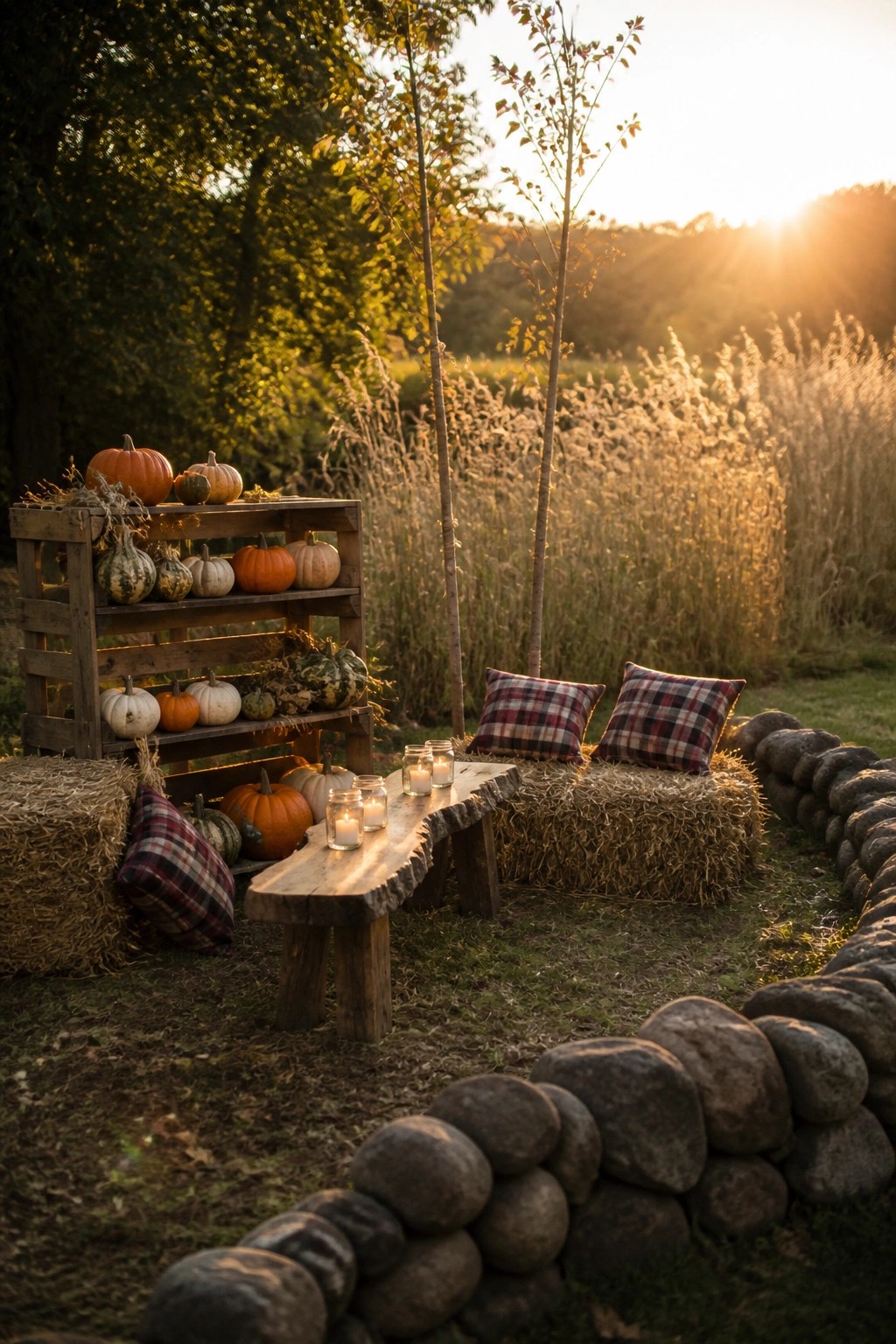 An outdoor fall seating area with hay bales topped with plaid pillows, a rustic wooden bench holding glass jar candles, a wooden crate filled with pumpkins, and a low stone border in a grassy field at sunset.