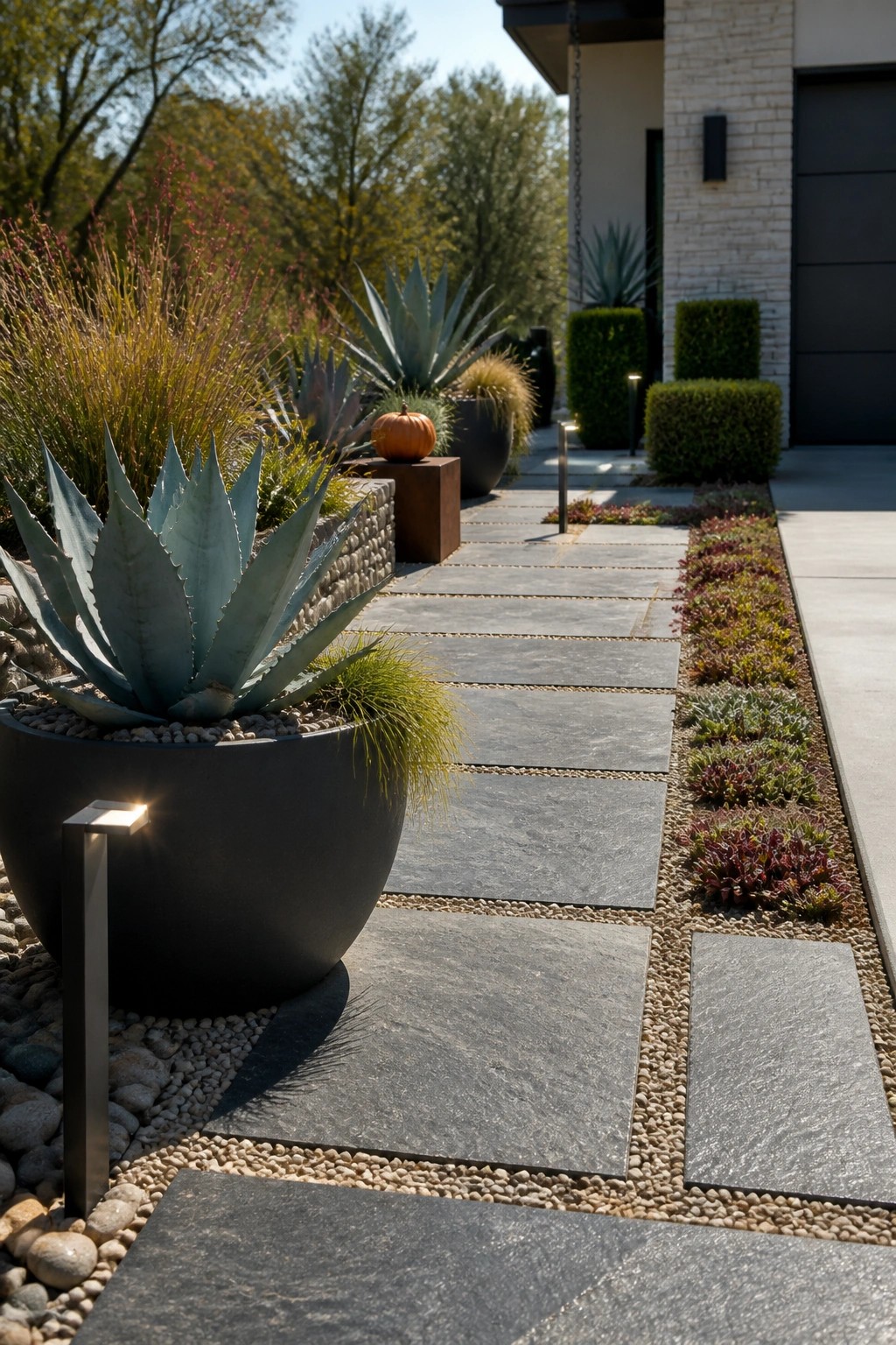 A modern stone pathway bordered by large dark planters holding agave and grasses, with gravel edging and small pathway lights.