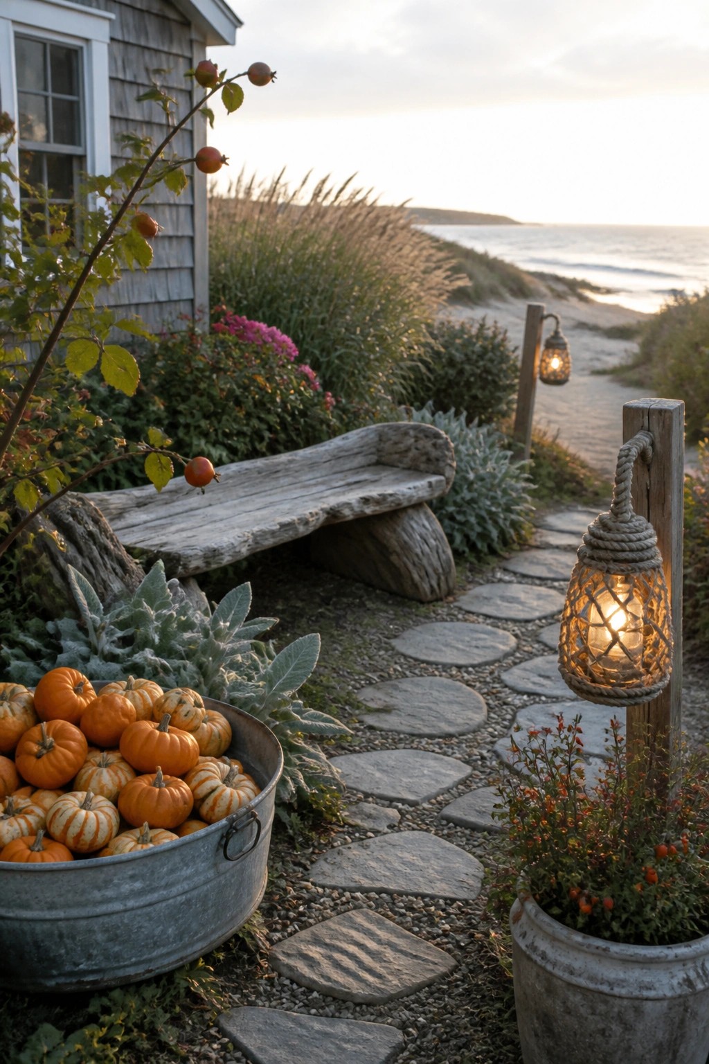 A gravel path made of irregular flat stones leads through a coastal garden past a rustic wooden bench, a galvanized tub filled with small pumpkins, and rope lanterns on posts, with beach grass and the ocean in the background.
