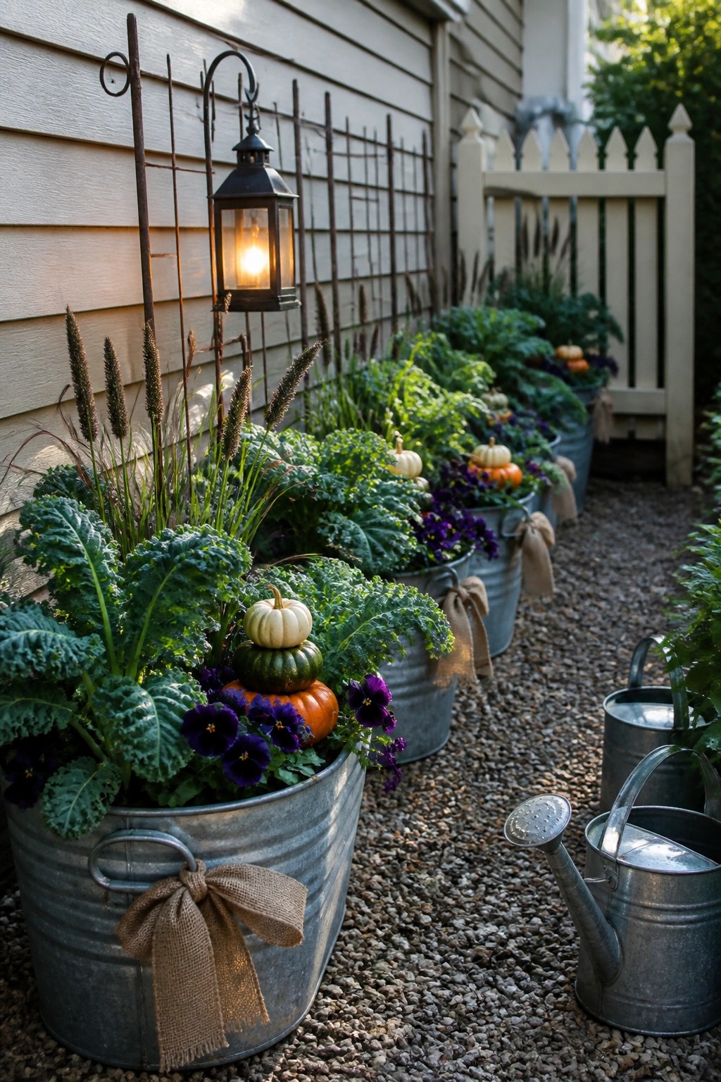 Galvanized buckets with kale, pumpkins, and pansies line gravel path by lit lantern.