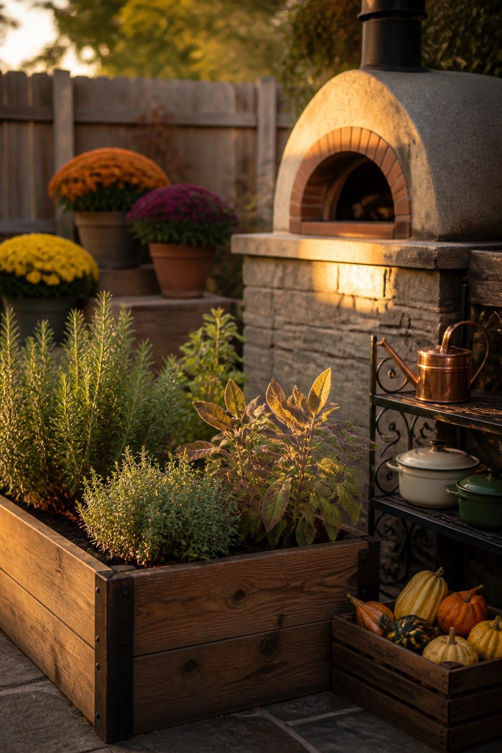 A wooden raised garden bed with mixed green and purple plants stands beside a stone pizza oven, with a crate of small pumpkins on the ground nearby.
