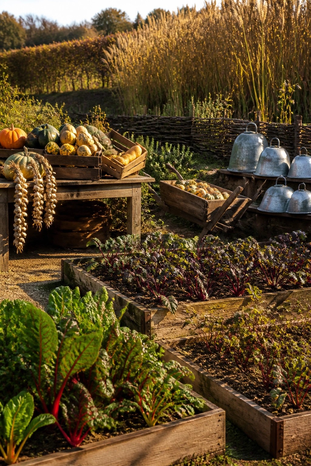 Wooden raised beds filled with leafy green and red-stemmed vegetables sit in front of crates holding pumpkins and gourds on a wooden table in a garden.