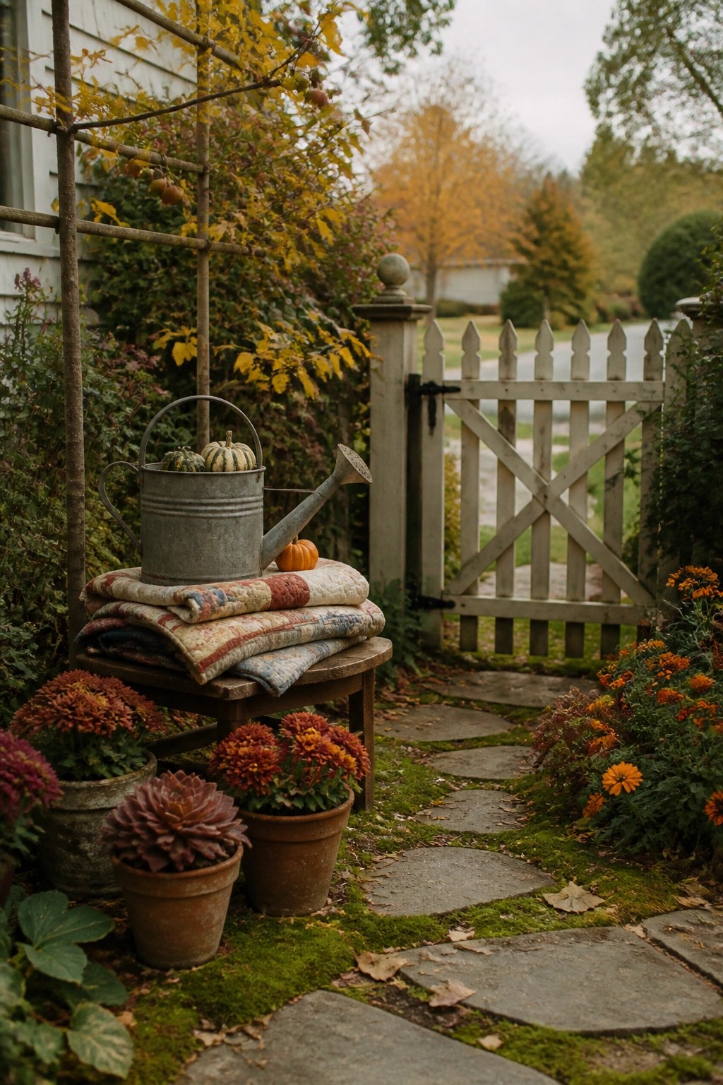 Stacked quilts, watering can with pumpkins on bench amid autumn mums and open gate