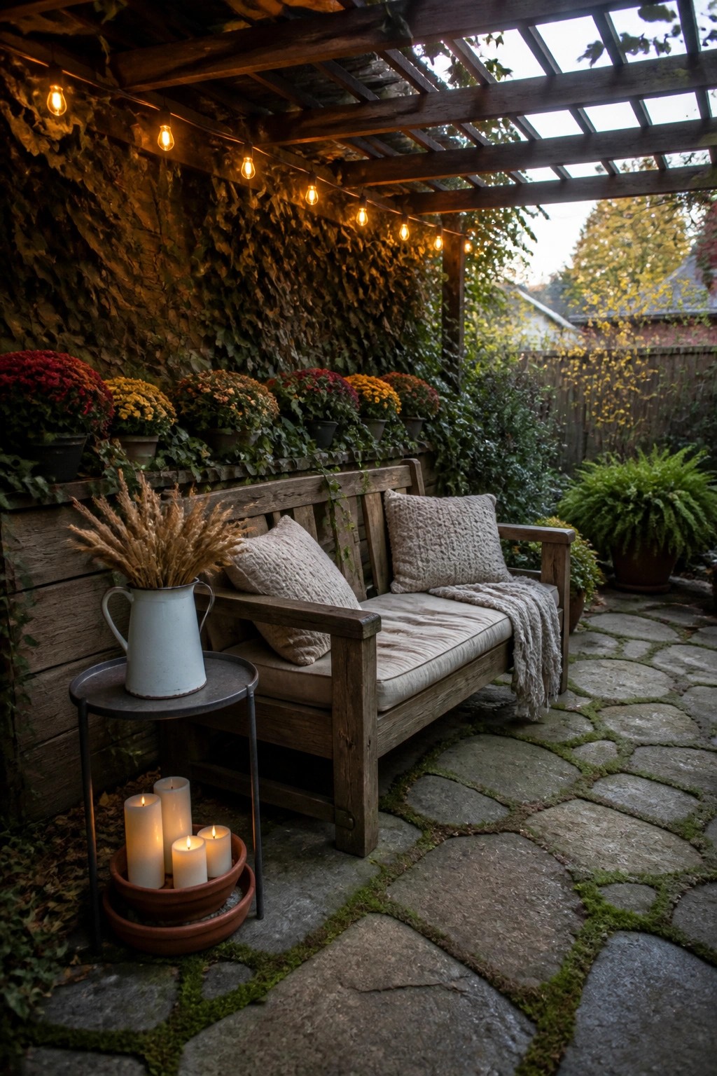 A wooden bench with pillows and a throw sits under a pergola with string lights, next to potted chrysanthemums and lit candles on a stone patio.