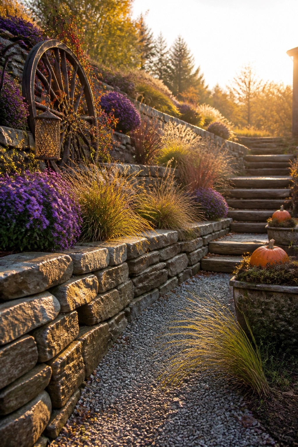 A terraced hillside garden with stacked gray stone retaining walls, a gravel path, autumn grasses and purple flowers, wooden steps, and two pumpkins in pots.