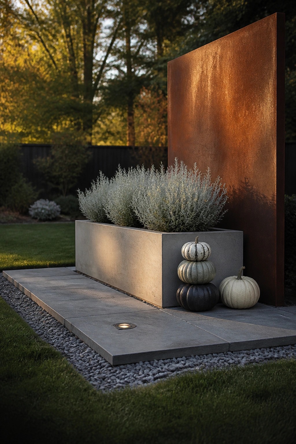 A rectangular concrete planter with silvery shrubs stands against a tall rusted metal panel on a paved area, with three pumpkins placed beside it and grass and gravel in the foreground.