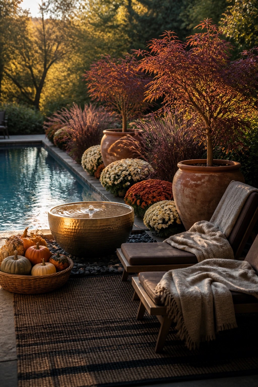 A poolside area with two lounge chairs draped in blankets, a round metal water fountain, a basket of pumpkins on a woven rug, and several large terracotta pots holding red-leafed trees and clusters of chrysanthemums.