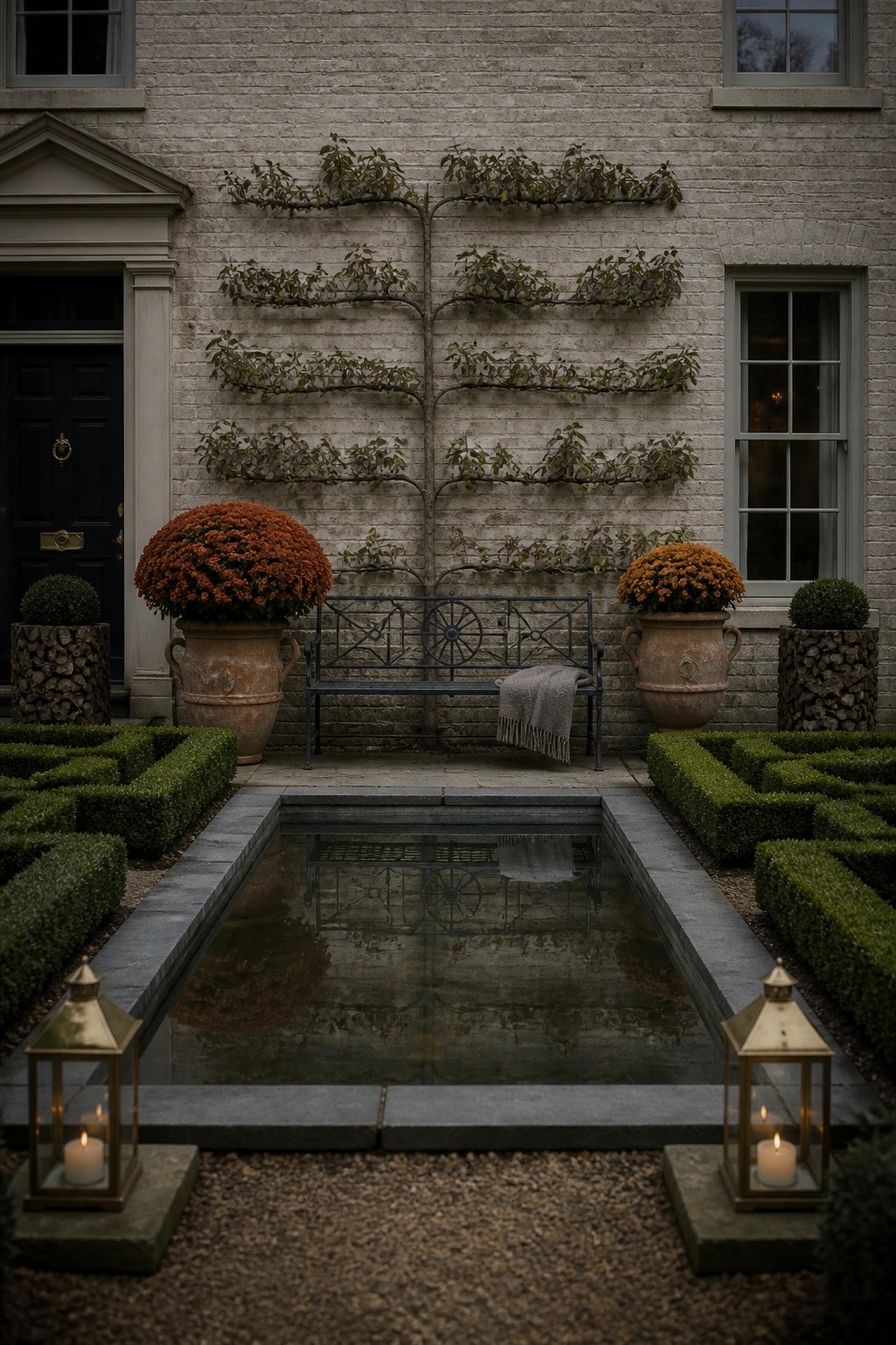 A rectangular reflecting pool bordered by geometric boxwood hedges sits in front of a brick house, with a metal bench between two large terracotta pots filled with orange flowers and two lit lanterns on the gravel.