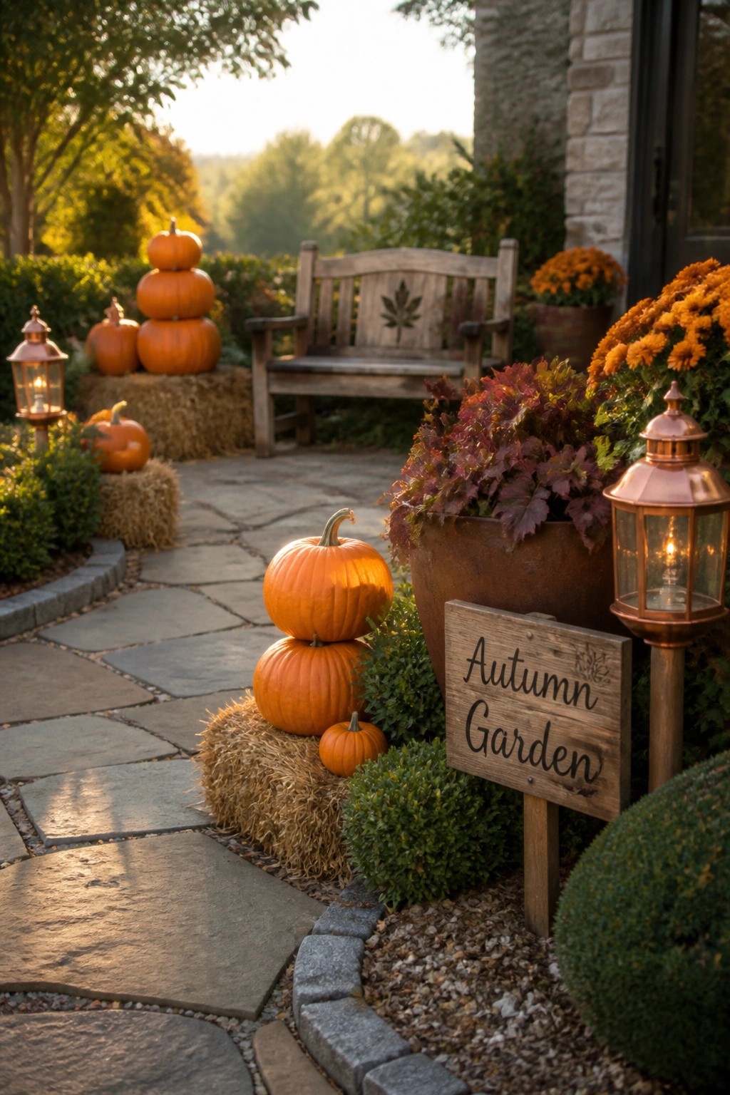 Stone path with stacked pumpkins on hay bales, glowing lanterns, and Autumn Garden sign