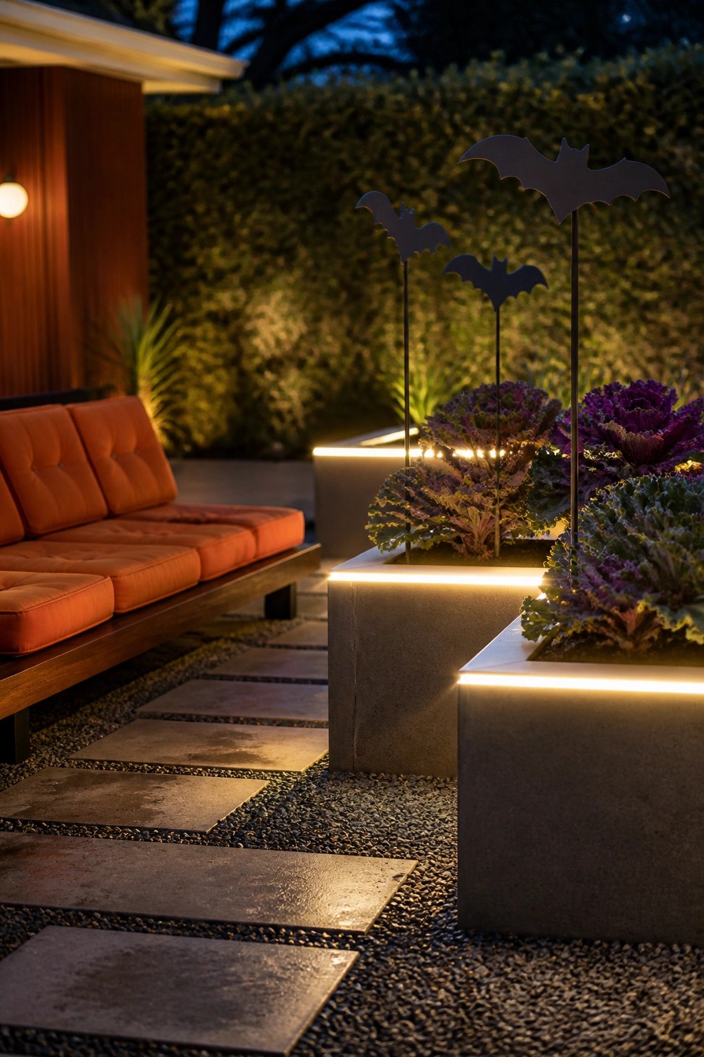 Nighttime photo of two concrete planters with purple foliage, black bat silhouettes on tall stakes, LED edge lighting, and a stone path beside an orange outdoor sofa.