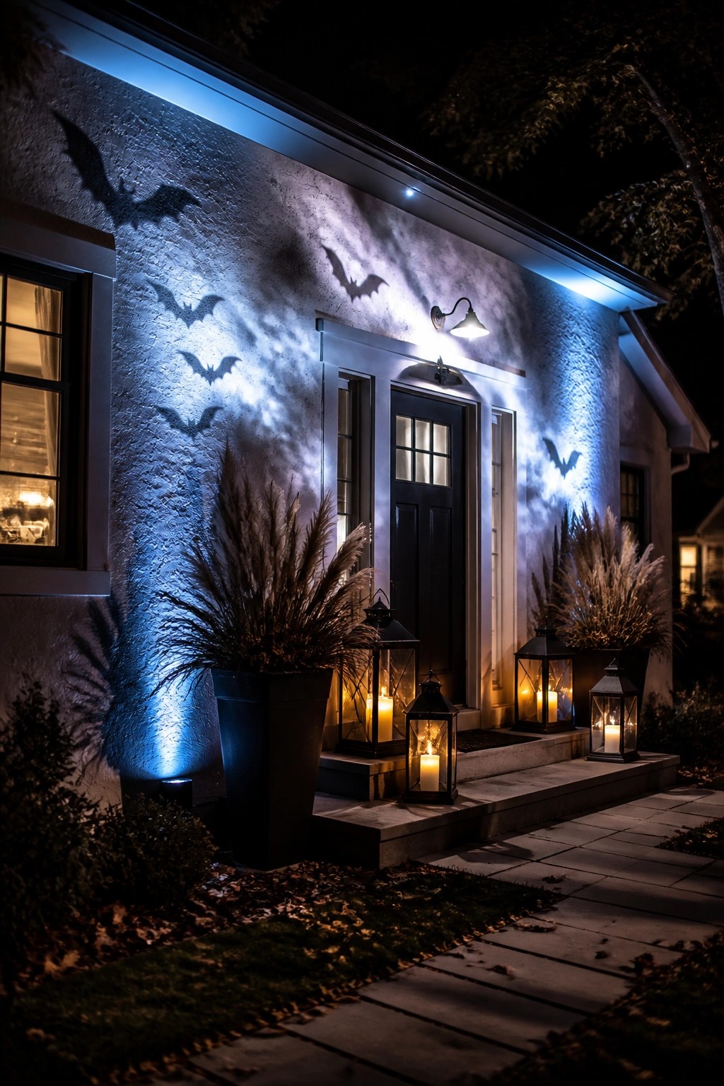 Nighttime house porch with blue lights casting bat shadows and glowing lanterns on steps