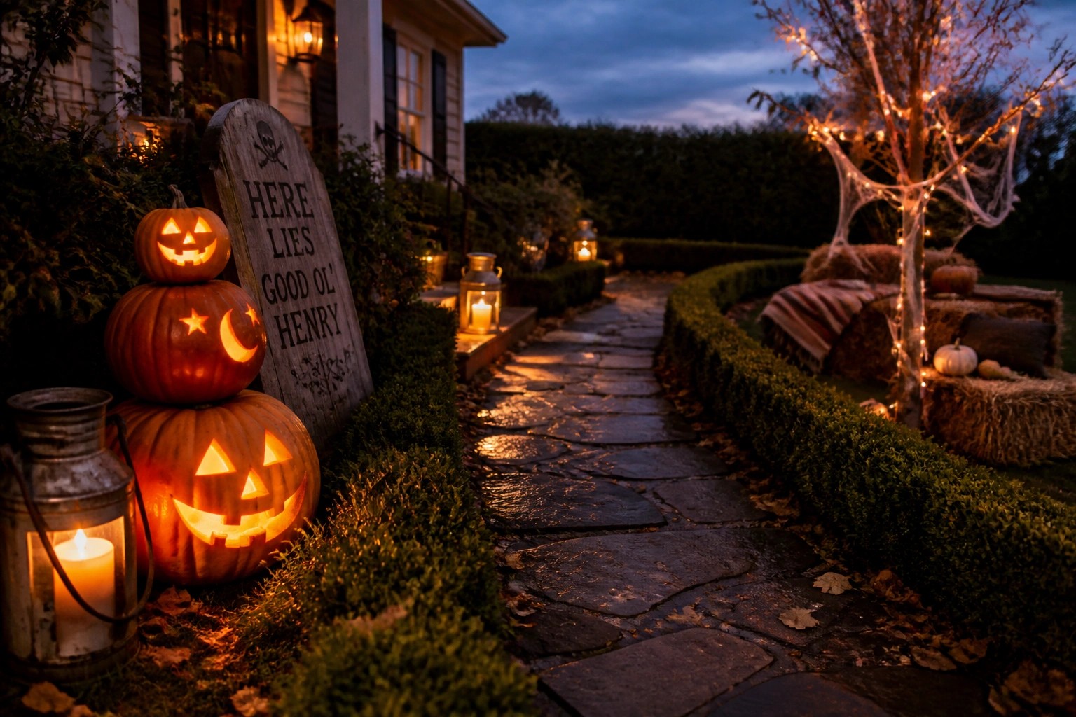 A stone pathway at dusk lined with metal lanterns and carved pumpkins, leading to a house entrance with string lights on a nearby tree.
