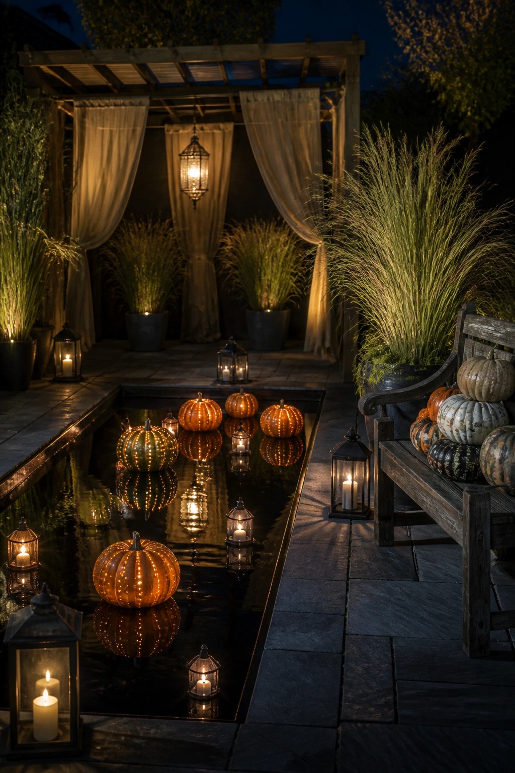 A nighttime view of a rectangular water feature lined with glowing pumpkins and lanterns, next to a wooden bench holding stacked pumpkins.