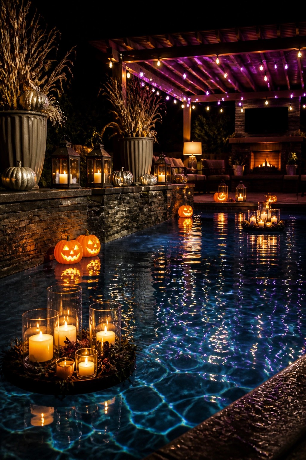 A backyard pool at night with carved pumpkins along the stone edge and several floating candle displays on the water.