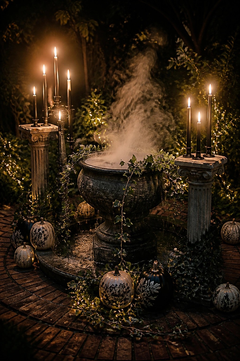 Steaming stone fountain amid glowing candles, ivy, and patterned pumpkins on brick path