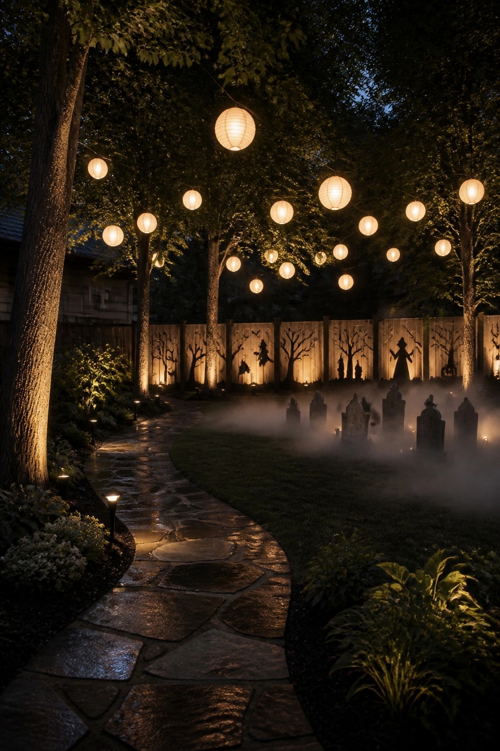 Spooky Halloween garden with glowing lanterns, stone path, fence silhouettes, and foggy gravestones at night