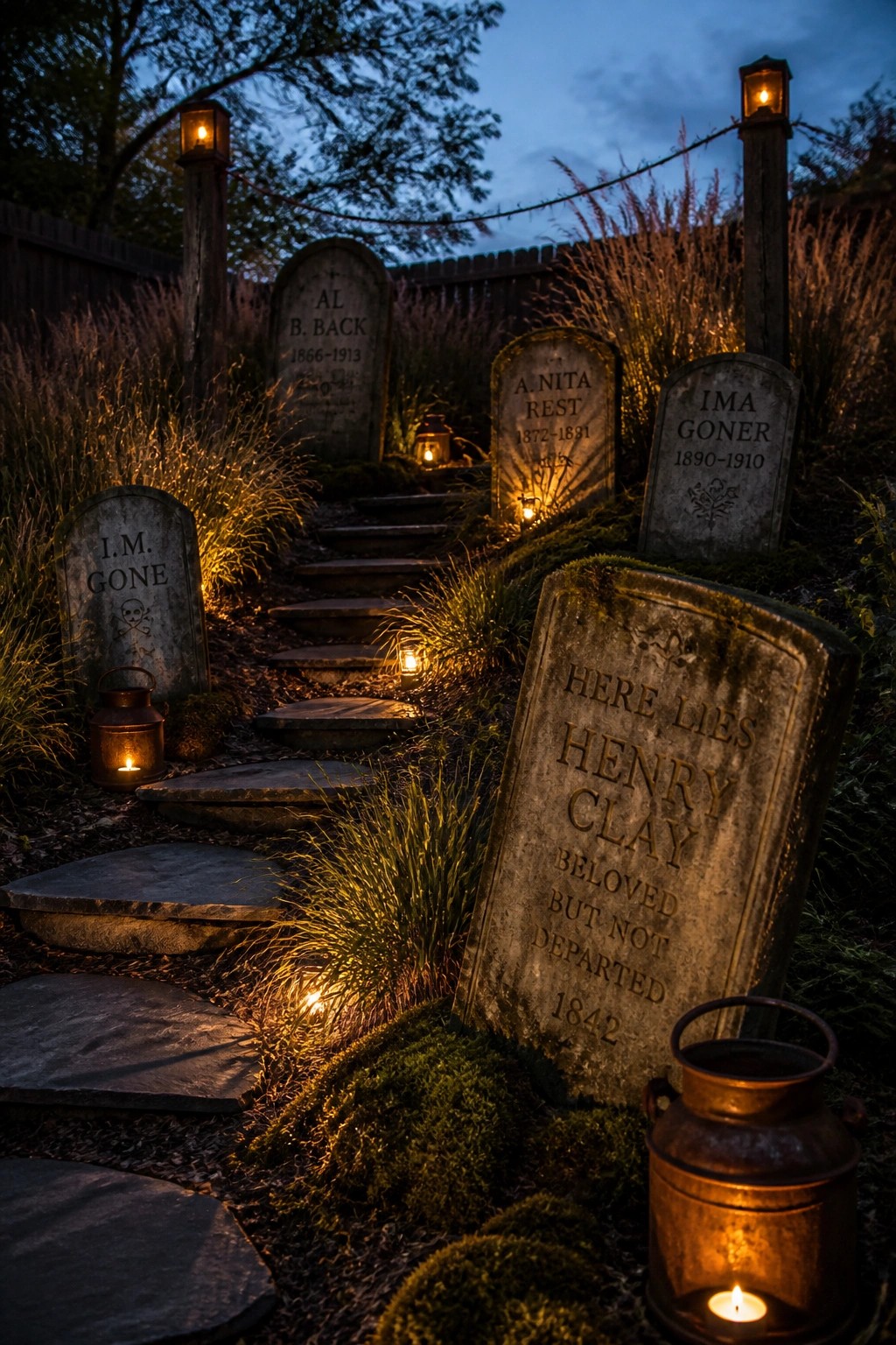 A stone pathway winds through a garden at dusk, lined with old gravestones and glowing lanterns on posts and the ground.