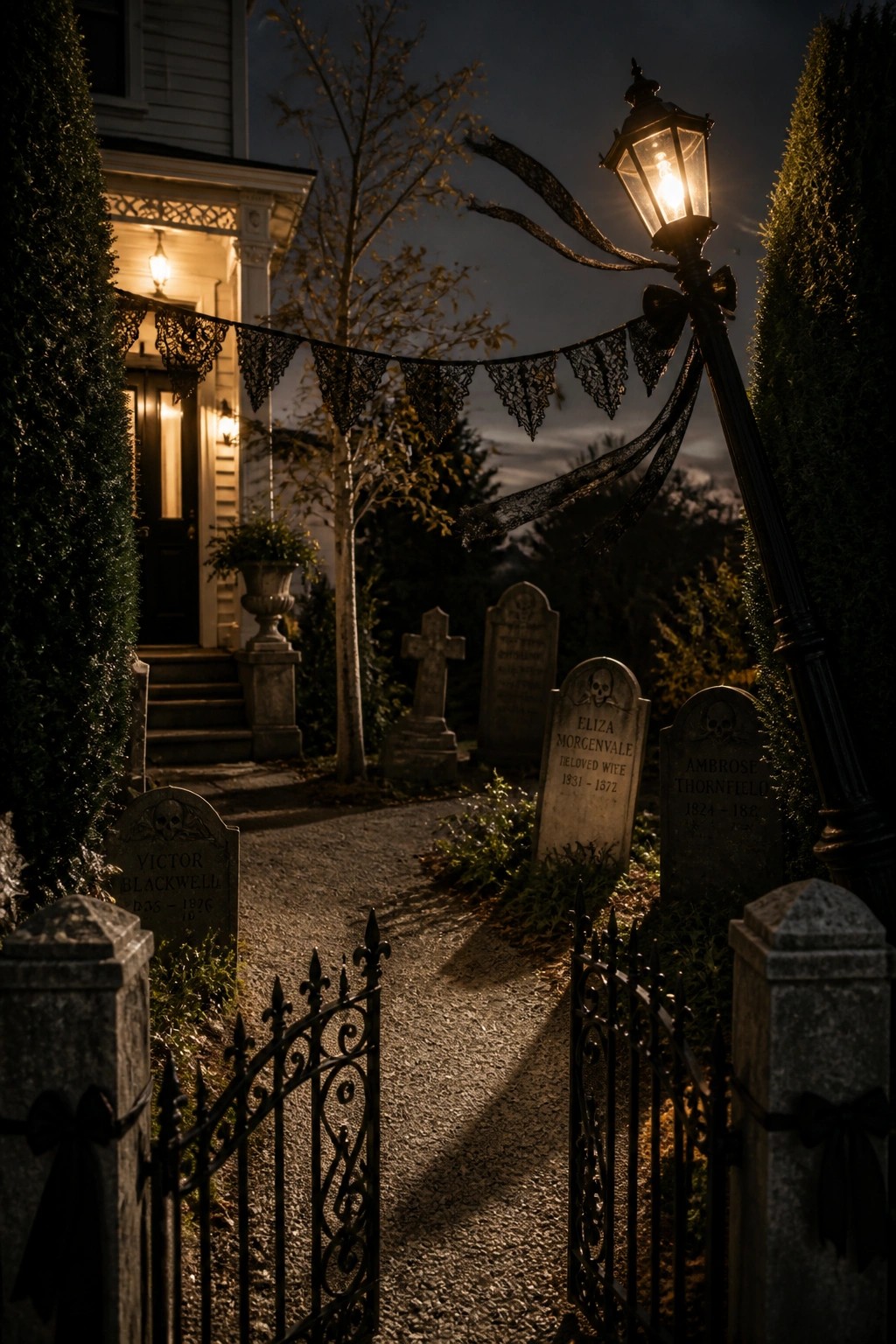 A nighttime view of a house front yard with multiple gravestones along a gravel path, a lit lamppost wrapped in black lace, and an open wrought iron gate in the foreground.