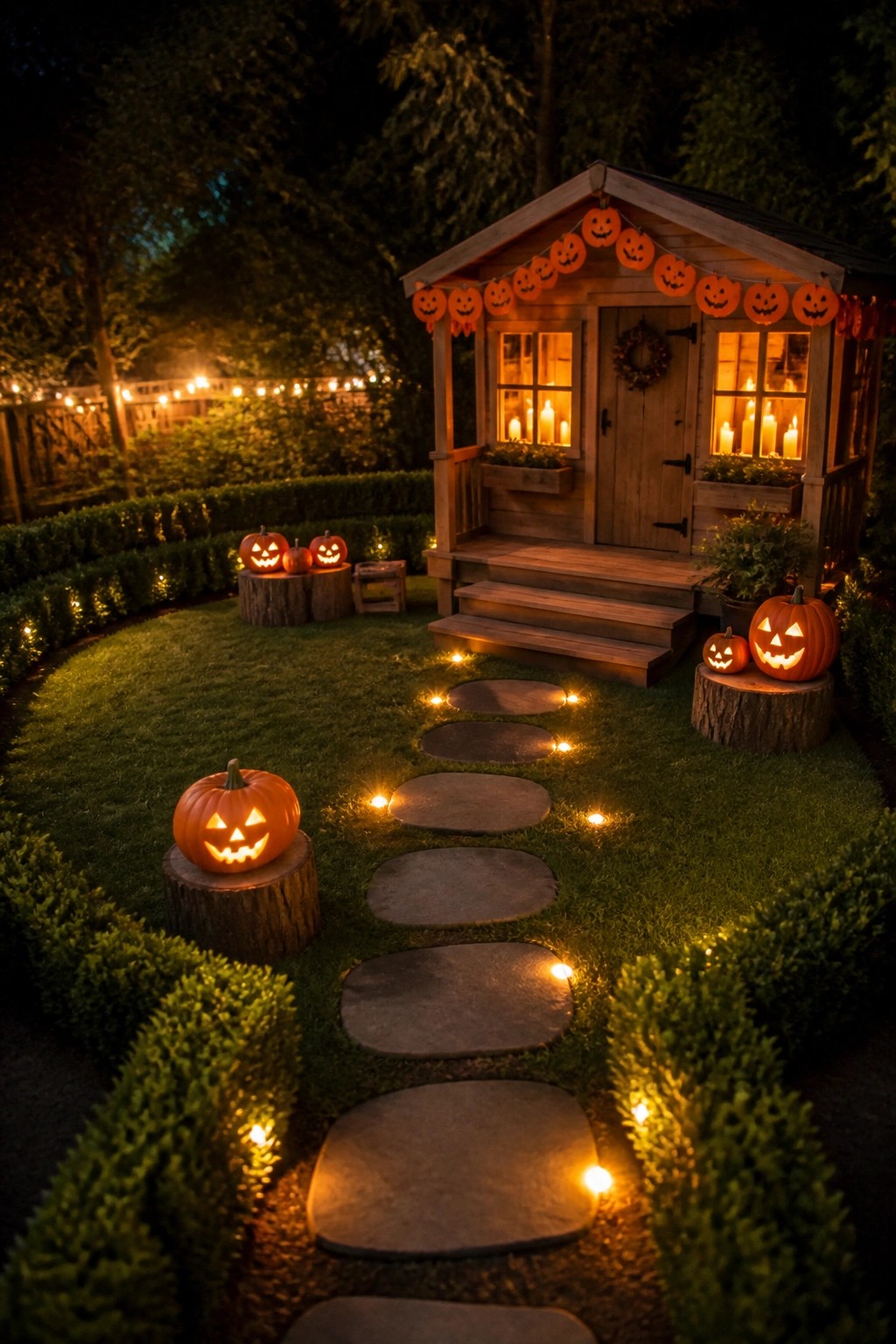 A nighttime view of a curved stone path lined with small glowing lights, with carved pumpkins on tree stumps placed along the grass edges leading toward a wooden shed.
