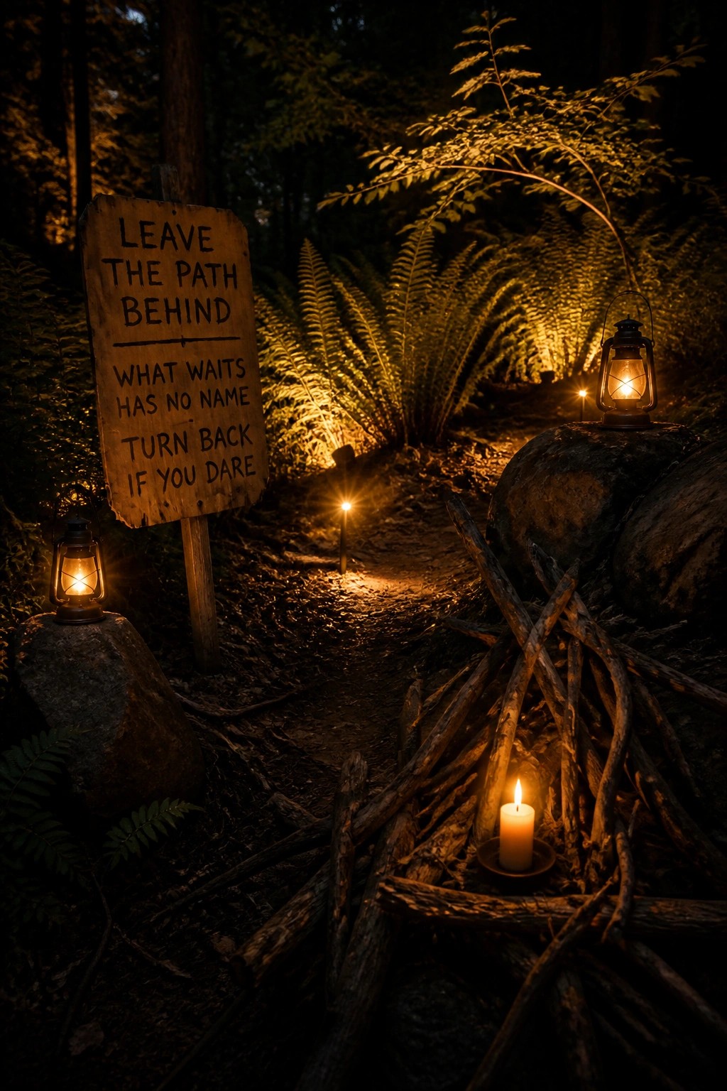 A wooden sign beside a dirt path in a dark forest is lit by lanterns and a candle placed among crossed branches.