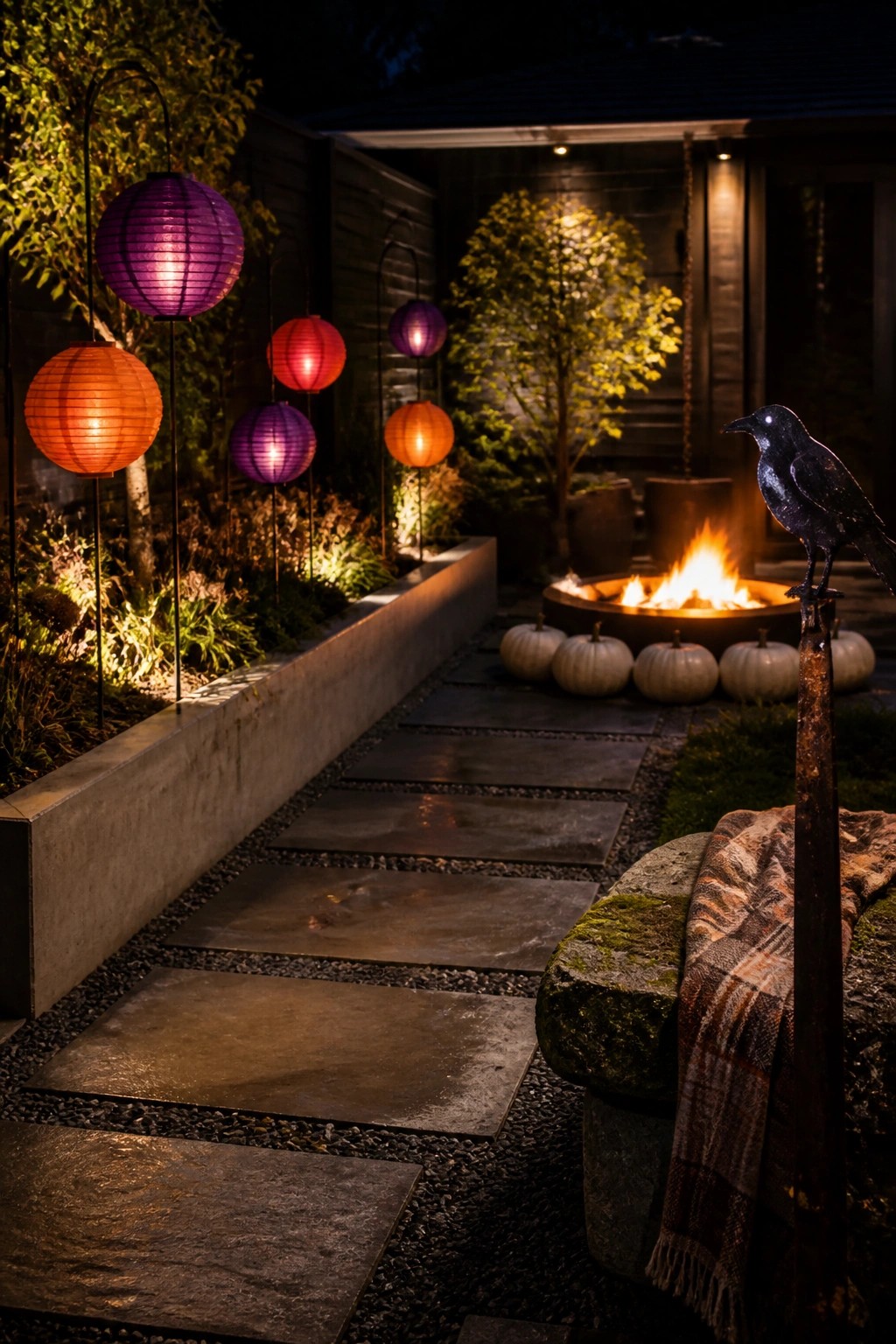 A nighttime backyard scene showing a stone pathway lined with glowing purple and orange paper lanterns leading toward a fire pit area with pumpkins.