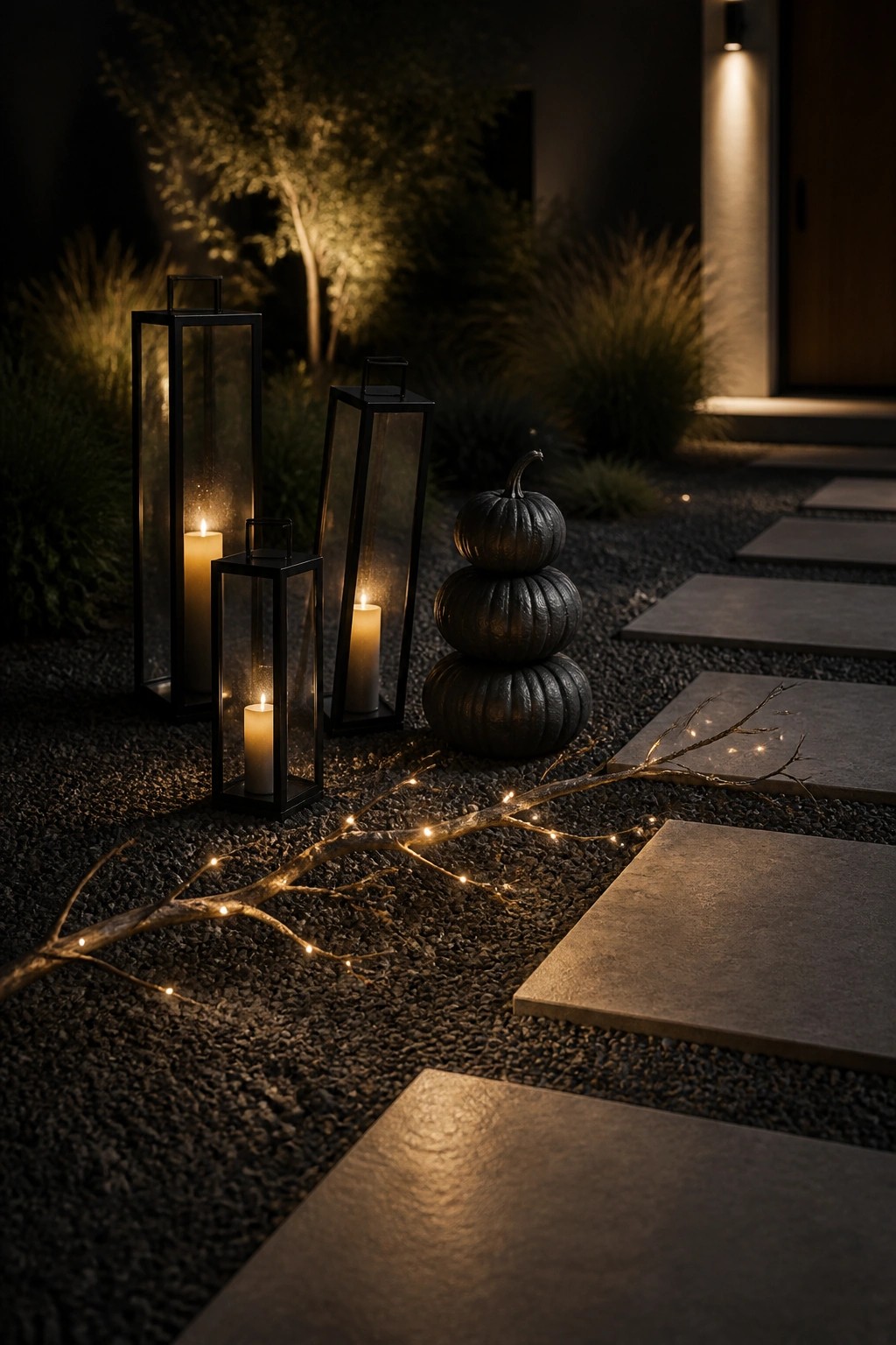 Nighttime photo of three black lanterns with lit candles beside stacked black pumpkins on a gravel path with stone pavers and a string-lit branch.