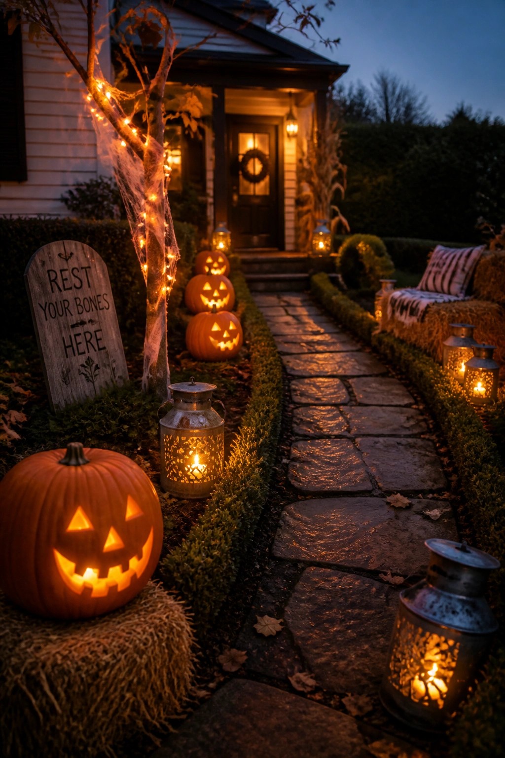 A stone pathway at dusk lined with metal lanterns and carved pumpkins, leading to a house entrance with string lights on a nearby tree.