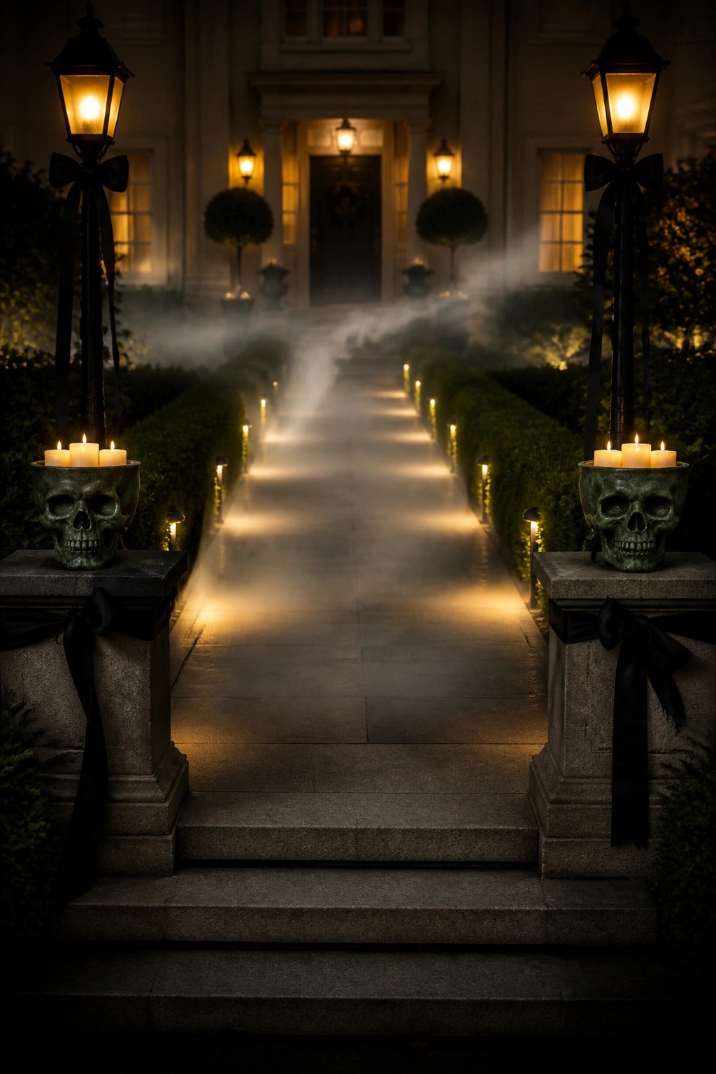 A nighttime view of a stone walkway lined with hedges, leading to a house entrance, with skull-shaped candle holders on stone pillars, glowing lanterns with black bows, and mist along the path.