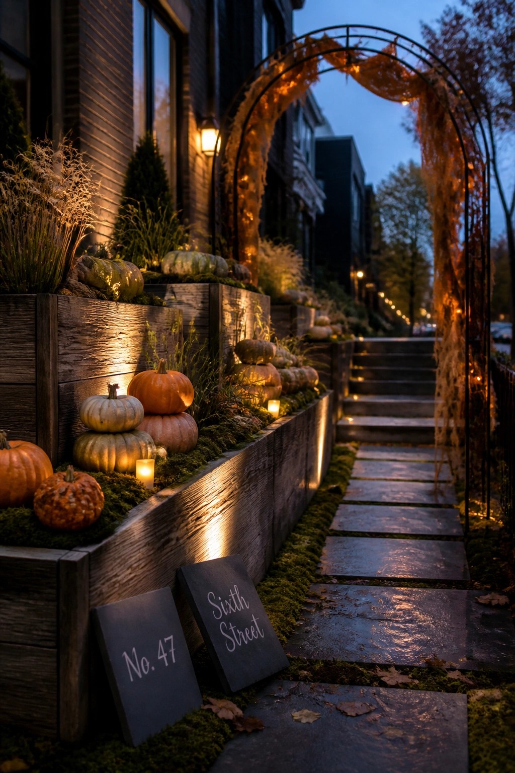Pumpkins and signs in wooden planters along a stone path under a lit arbor
