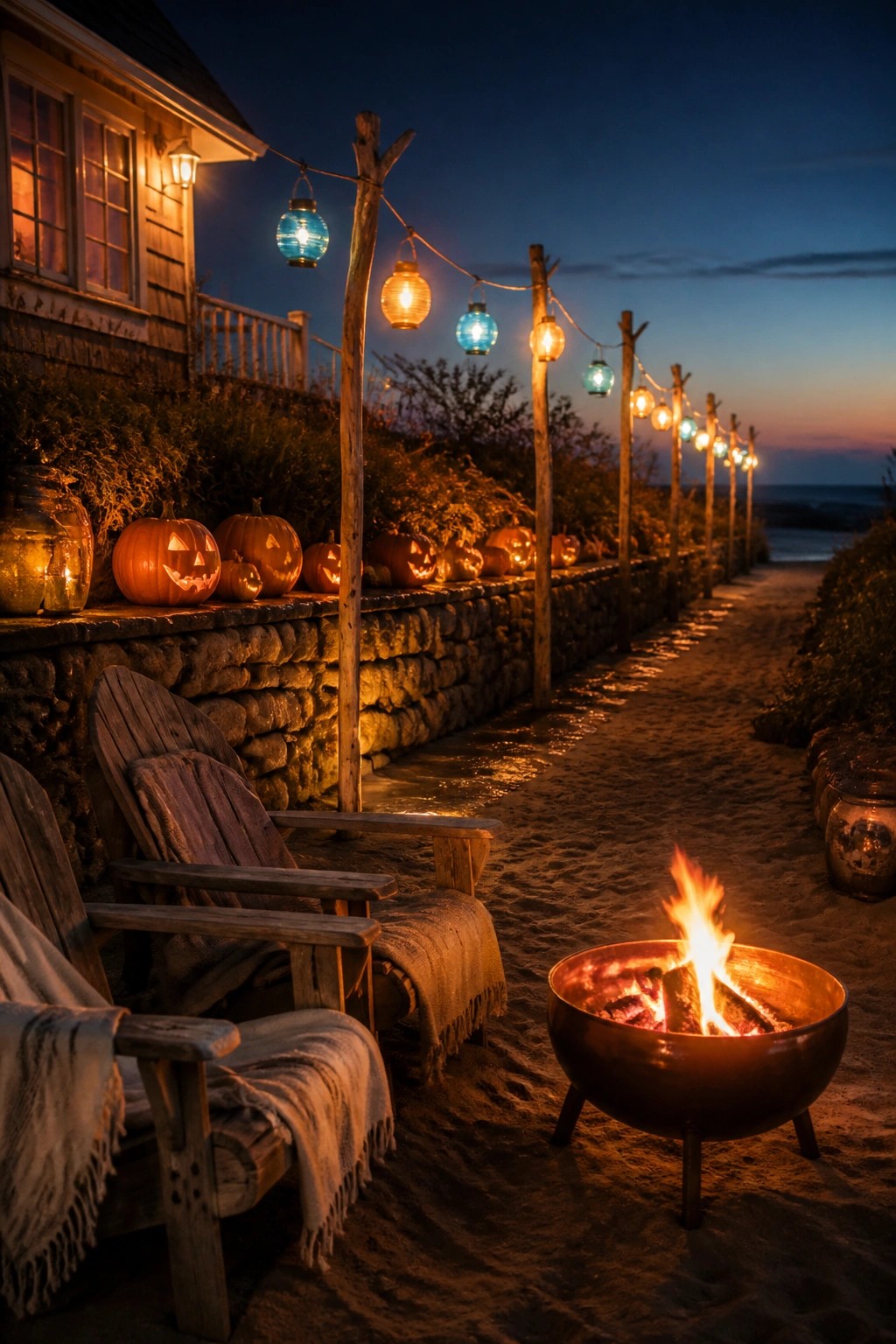 A sandy path at dusk is lined with wooden posts holding colorful glass lanterns, leading past a stone wall decorated with jack-o'-lanterns toward a fire pit and wooden chairs near a beach house.