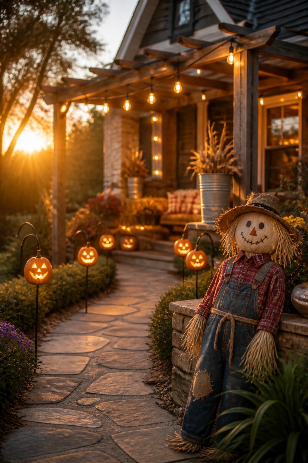Scarecrow with pumpkin head beside stone path lined with glowing jack-o'-lanterns at sunset.