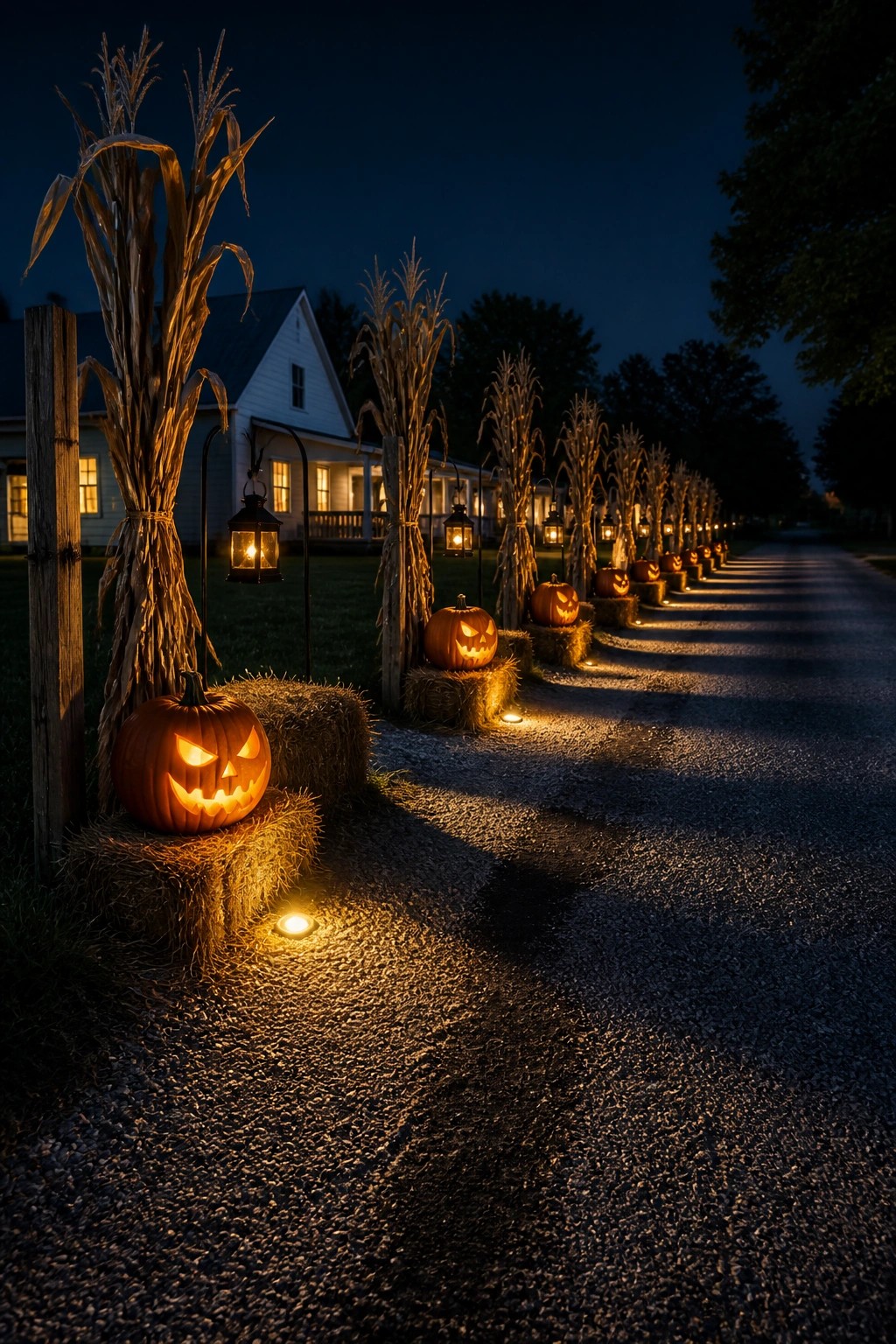Glowing jack-o'-lanterns line a dark gravel path with corn stalks and hay bales.