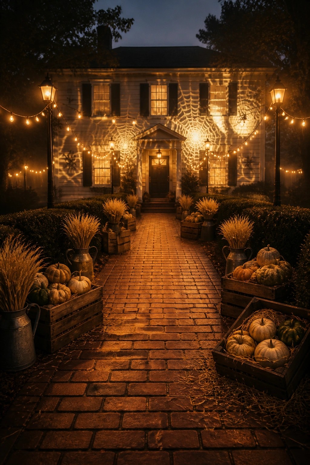 A two-story white house at night with large spider web decorations on the windows, string lights along the facade and path, and pumpkins in wooden crates lining a brick walkway.