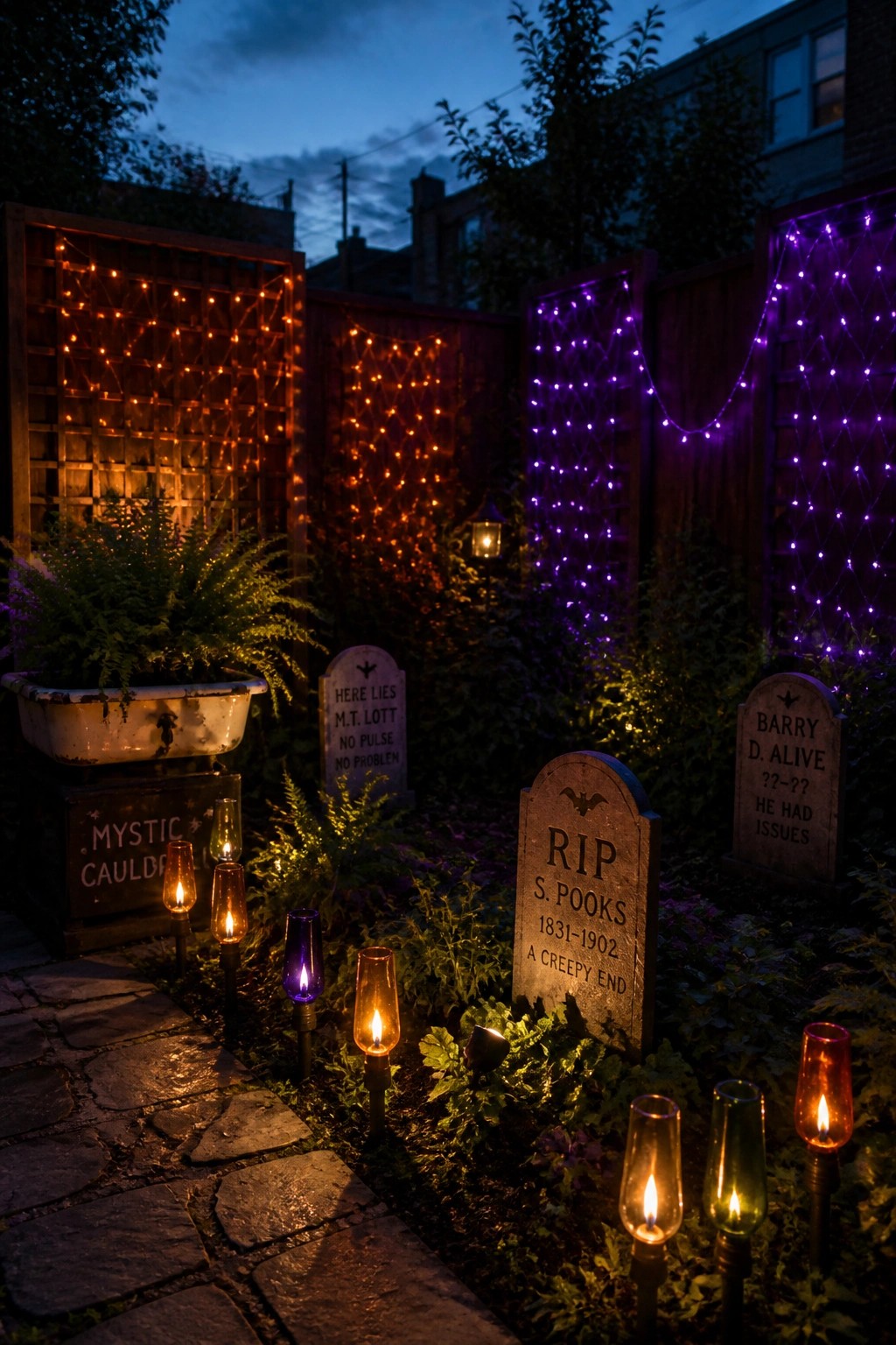 A backyard at dusk with wooden fences strung with orange and purple lights, several tombstones, a stone path, and scattered lanterns among plants.