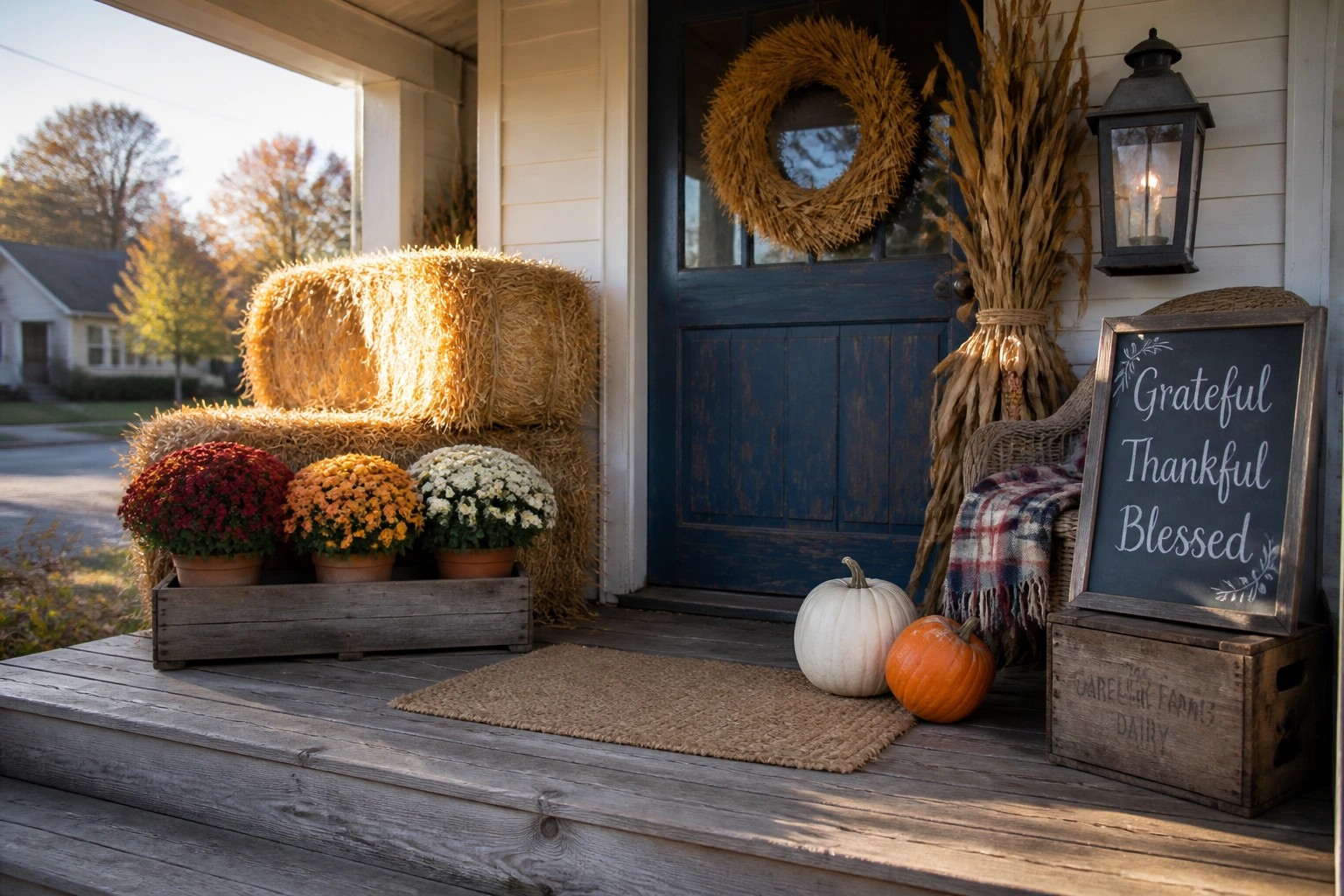 A wooden front porch decorated with stacked hay bales, white and orange pumpkins, potted chrysanthemums, dried corn stalks, a plaid blanket, and a chalkboard sign reading hello fall.