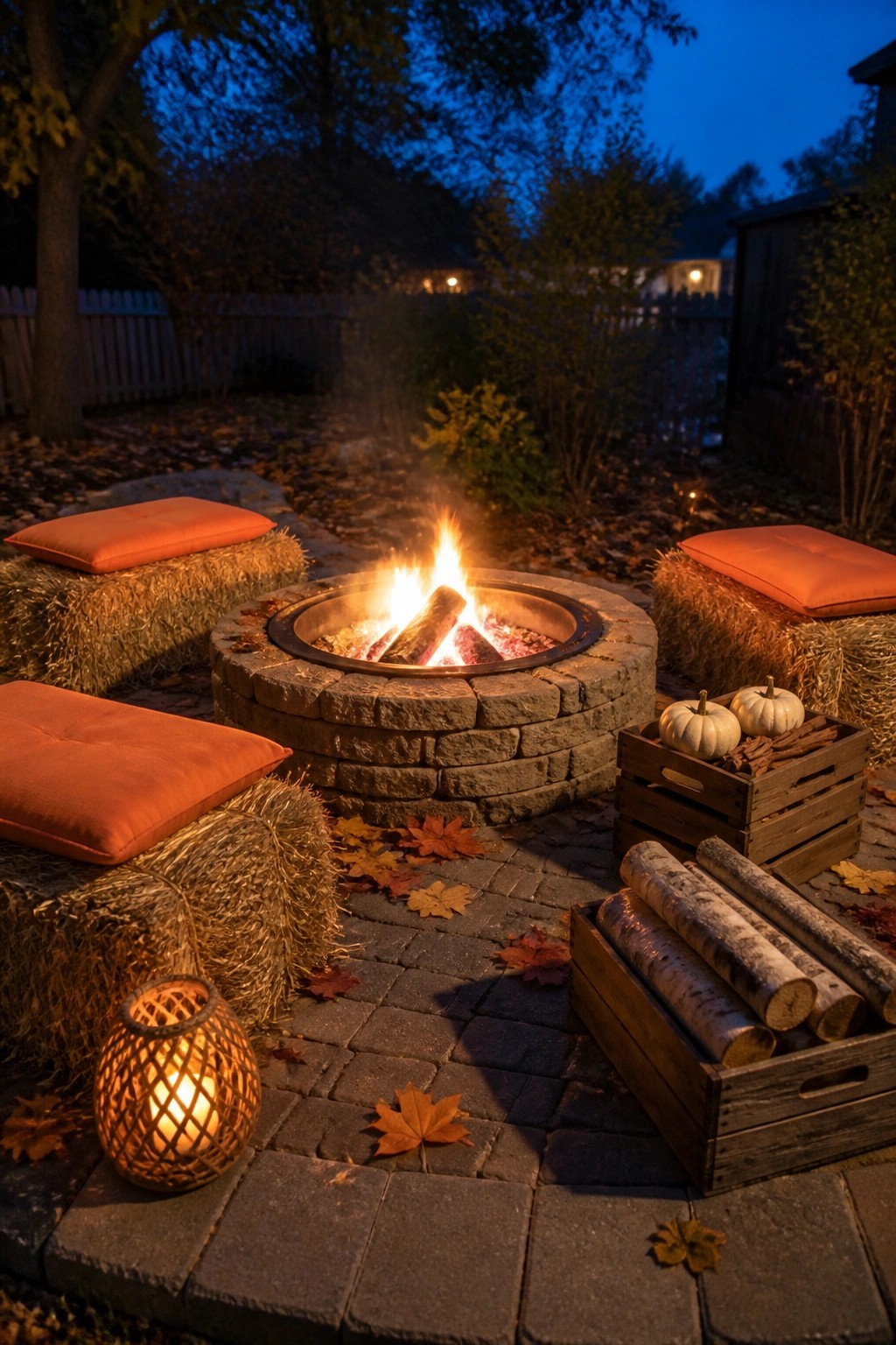 A stone fire pit with burning logs on a brick patio, surrounded by hay bales with orange cushions, wooden crates with logs and pumpkins, and a lantern on the ground.