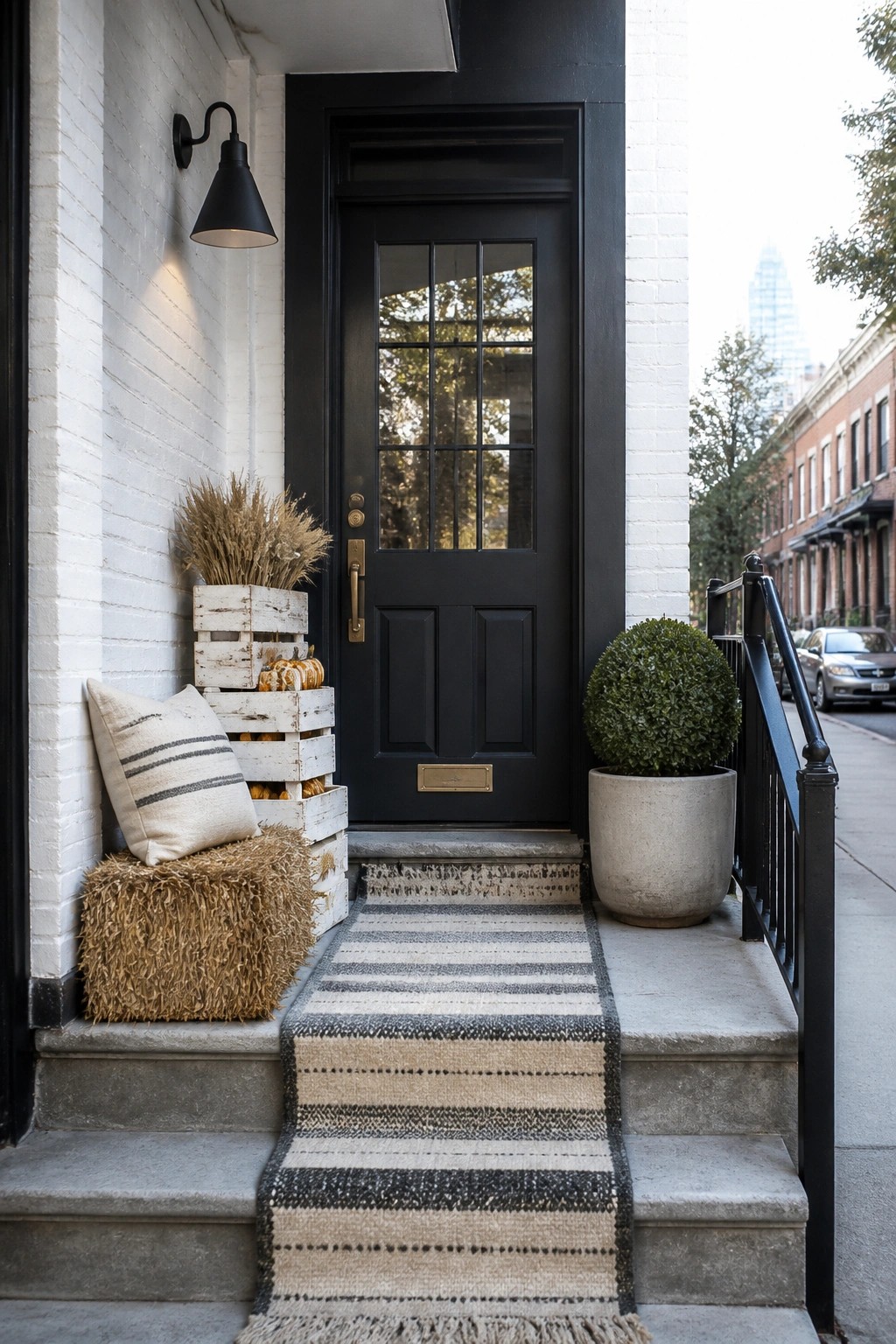 Black door on white brick house with striped rug and autumn porch decor.