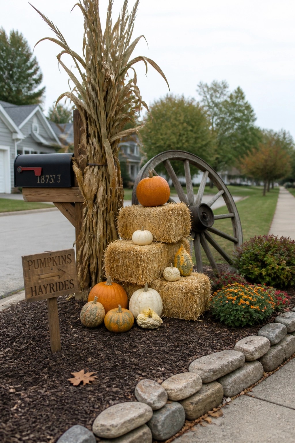 A black mailbox on a wooden post beside stacked hay bales topped with orange and white pumpkins, dried corn stalks, and a wooden sign reading 