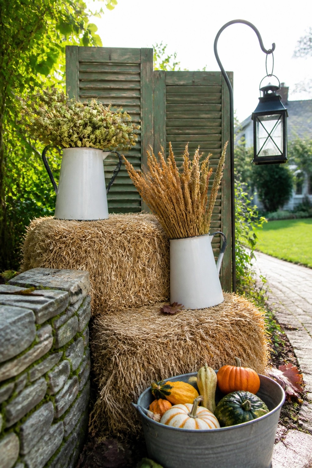 Hay bales arranged outdoors against green shutters with white enamel pitchers, dried wheat, a metal tub of pumpkins, and a hanging lantern nearby.