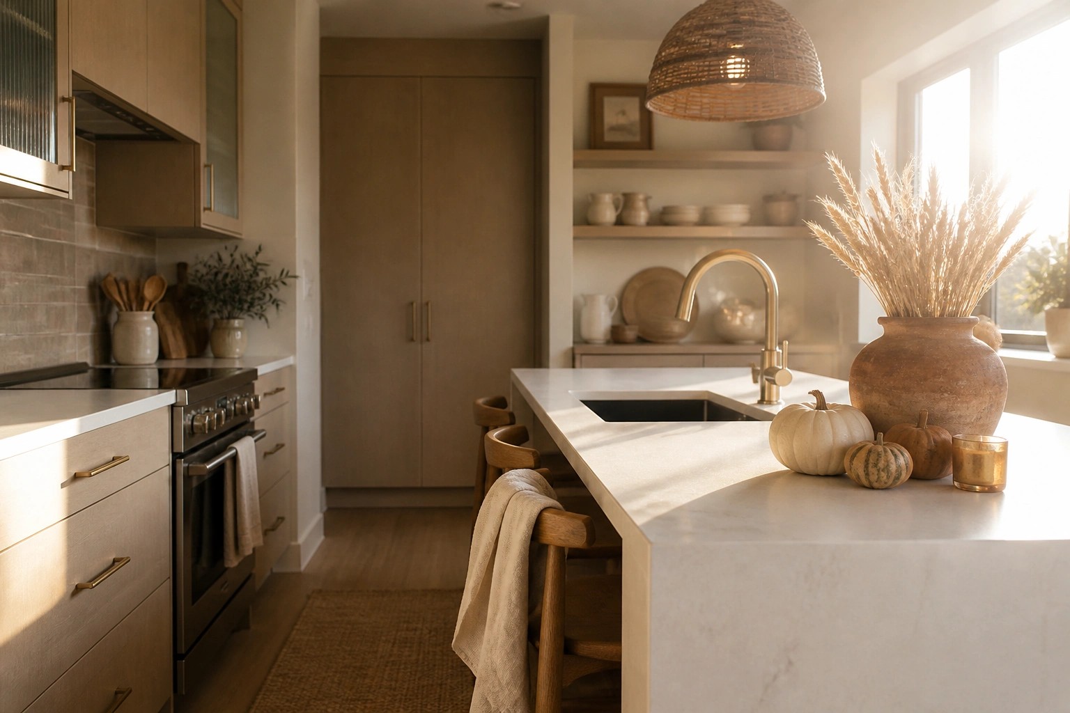 A modern kitchen with light wood cabinets, white marble countertops, a woven pendant light, and small pumpkins with dried wheat on the island.