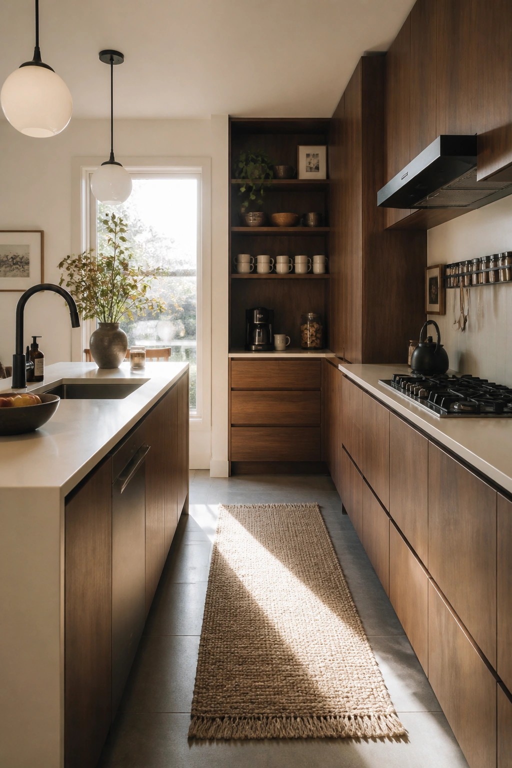 A modern kitchen interior with warm wood cabinetry, open shelving displaying mugs and bowls, white countertops, a black faucet, and a woven runner on the floor.